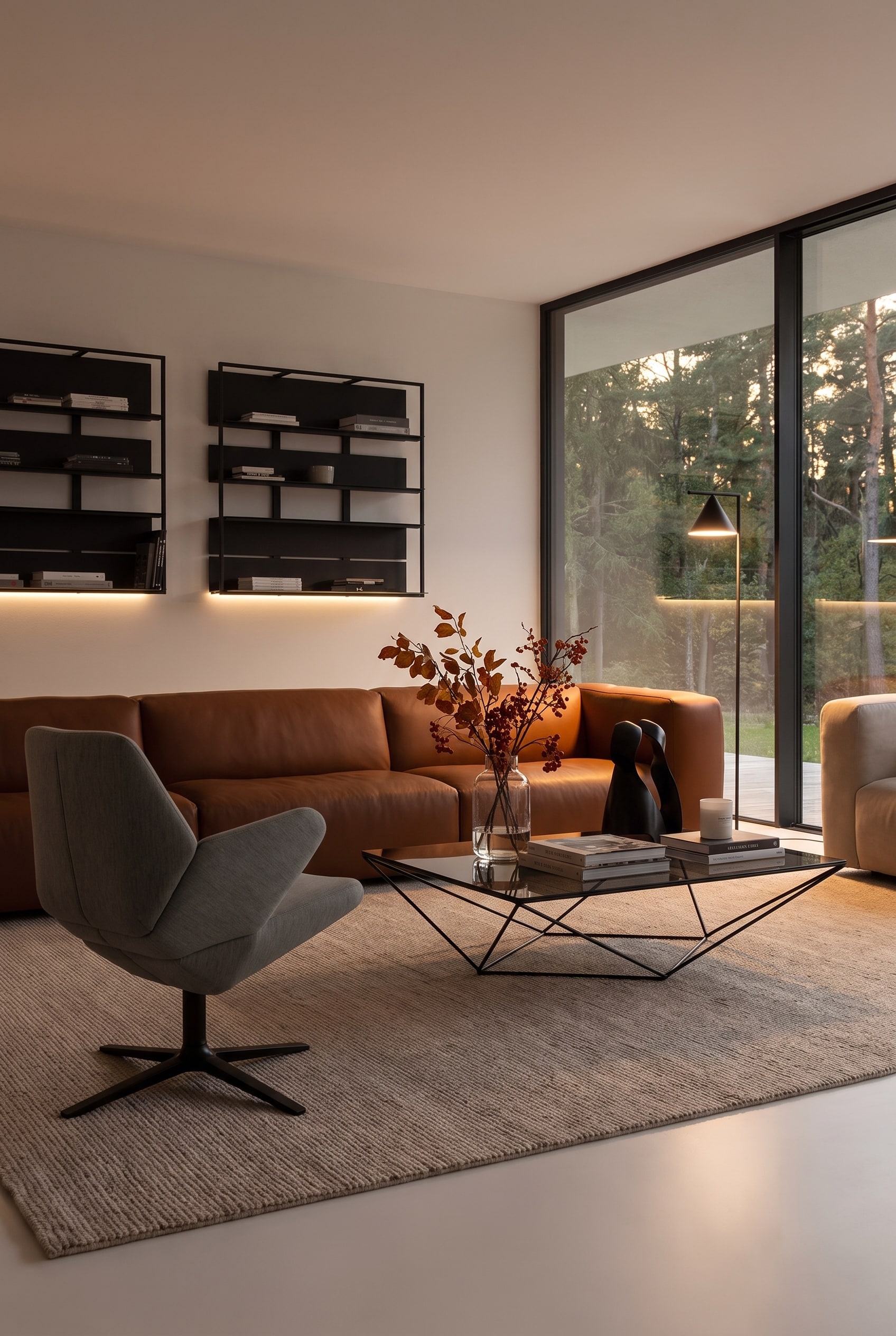 Perspective oblique d'un salon-lounge avec canapé en cuir, fauteuil gris, tapis beige et grandes fenêtres donnant sur le jardin.