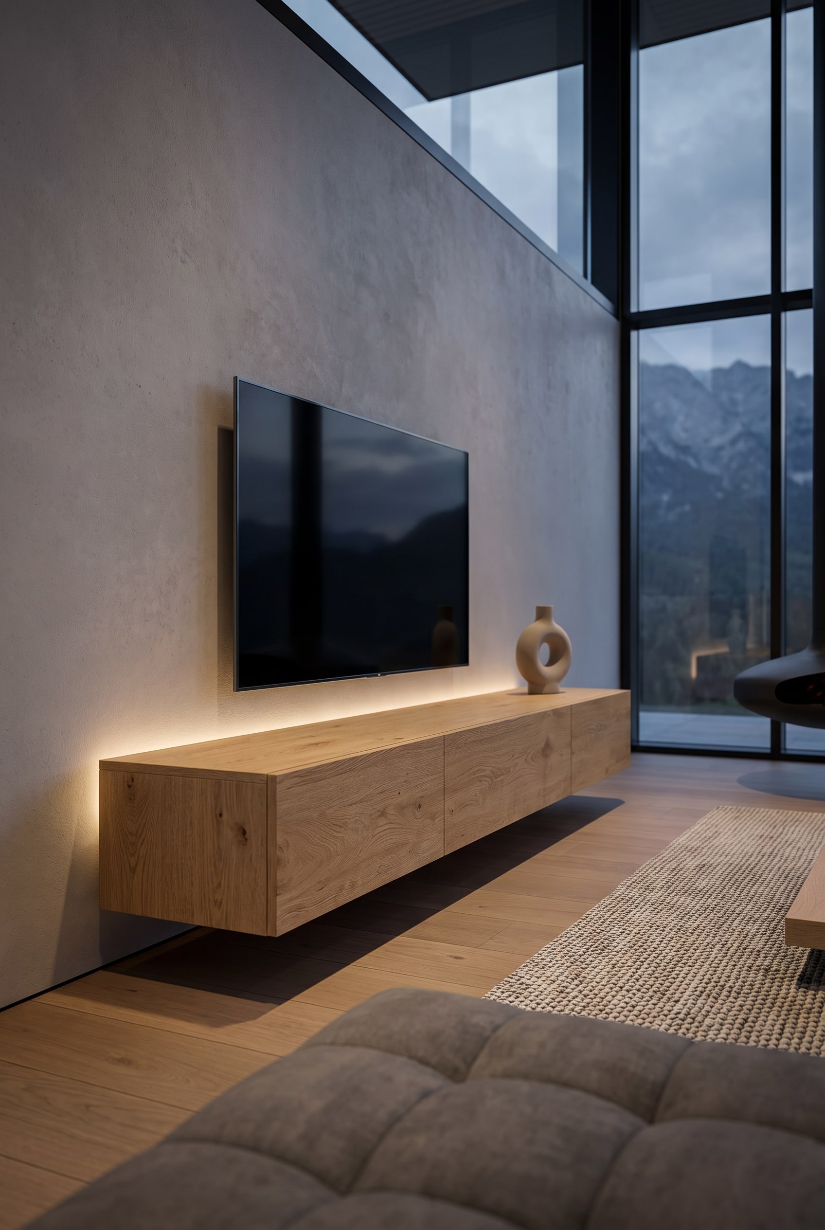 Salon luxueux avec un meuble bas en ch&ecirc;ne fonc&eacute;, une t&eacute;l&eacute;vision &agrave; &eacute;cran plat et une sculpture en c&eacute;ramique mate