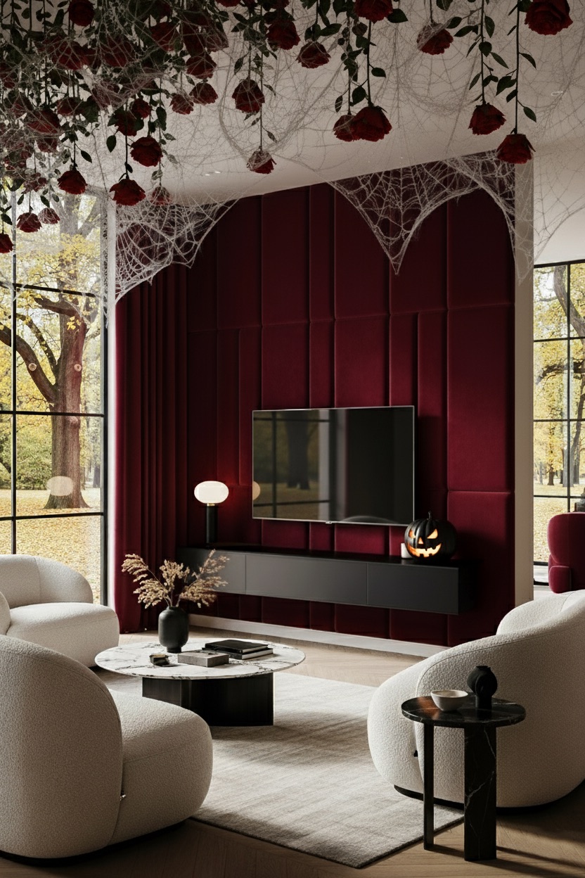 woonkamer-halloween-decoratie-rozen-en-pompoenen