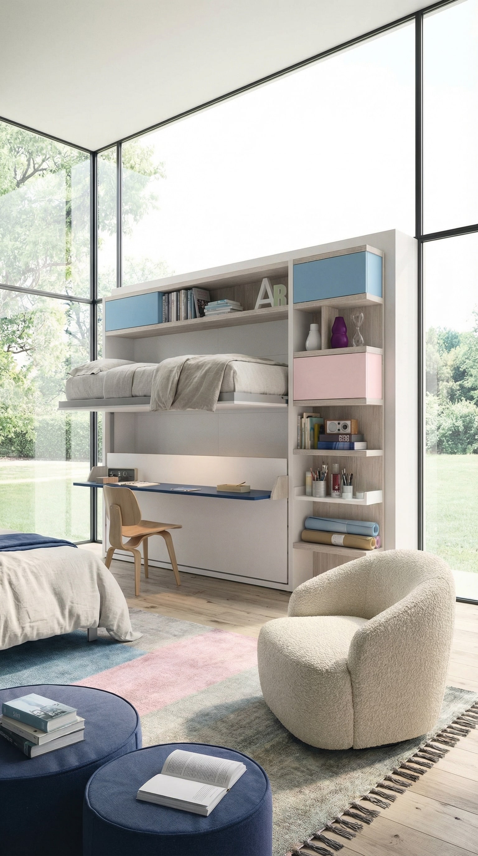 Hoogwaardige gastenkamer voor gezinnen met een elegant Clei Kali Duo stapel-kastbed in gesloten toestand.