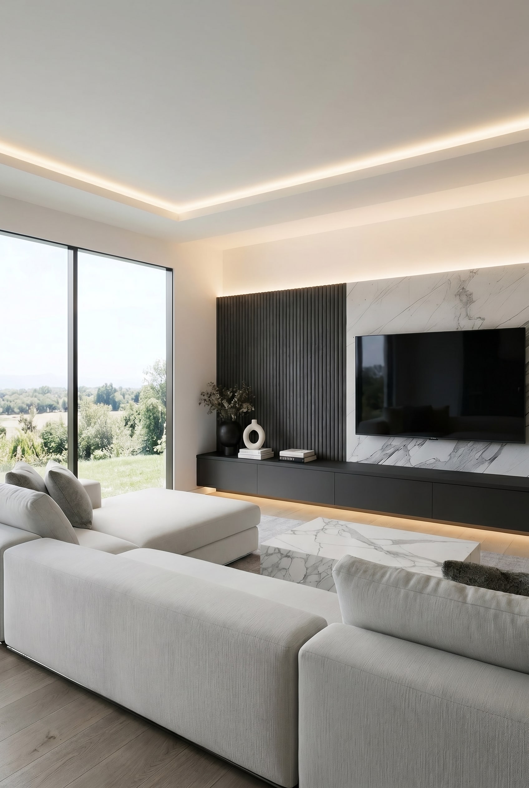 Salon spacieux avec un long meuble TV anthracite, un panneau arri&egrave;re en marbre et une structure cannel&eacute;e fonc&eacute;e