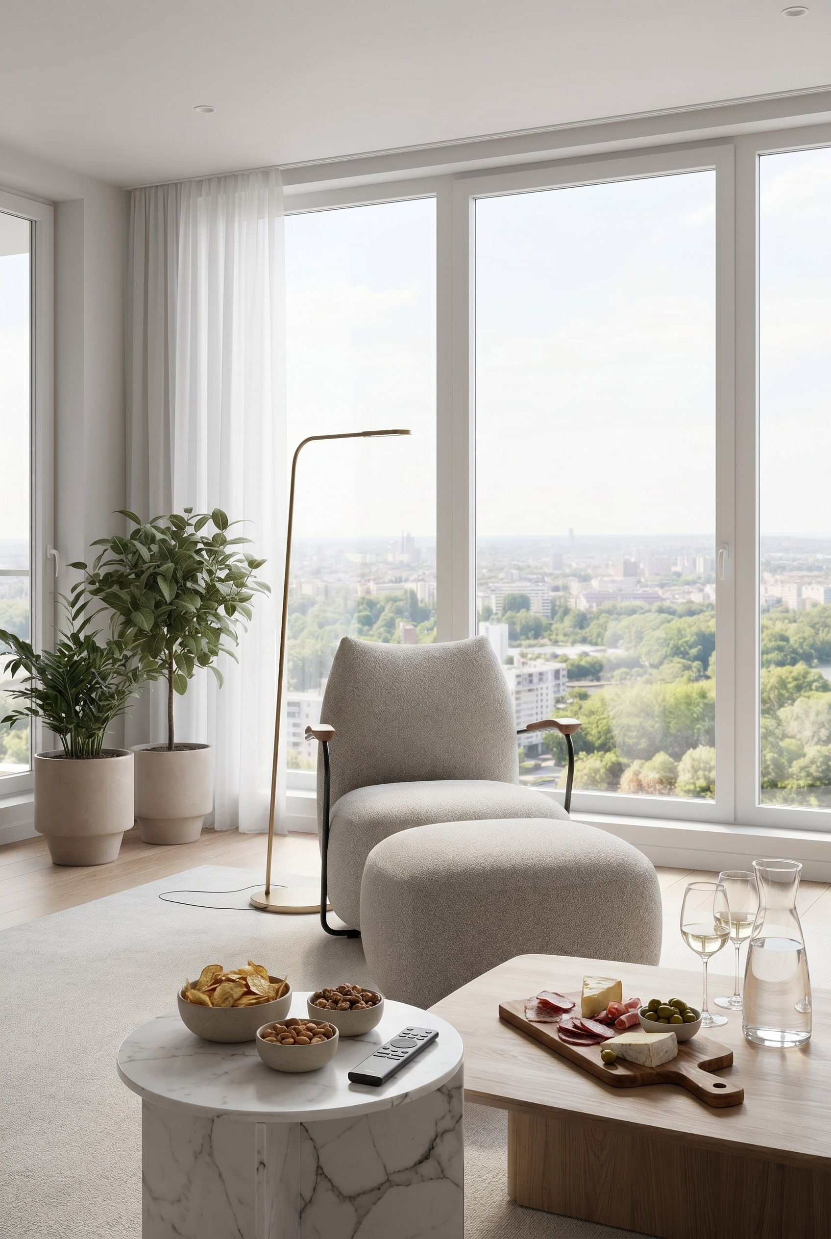 &Eacute;l&eacute;gant fauteuil pivotant en tissu &agrave; c&ocirc;t&eacute; d'une petite table d'appoint dans un salon lumineux avec des fen&ecirc;tres du sol au plafond