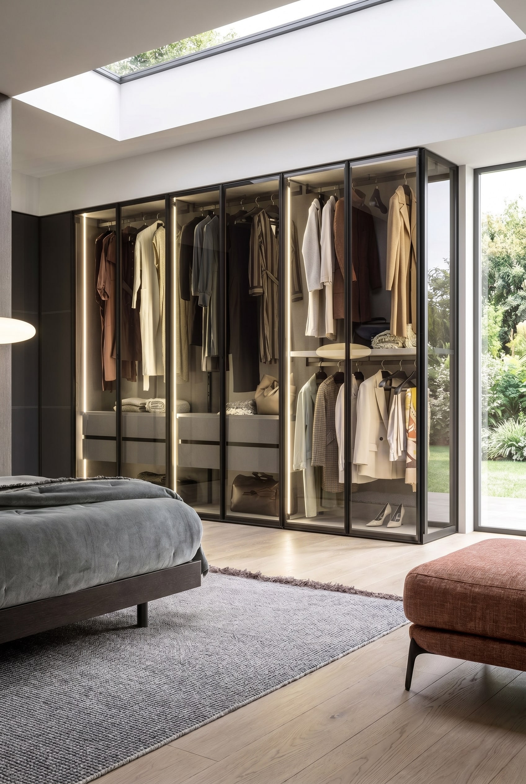 &Eacute;l&eacute;gante armoire avec portes en verre fum&eacute;, profils m&eacute;talliques noirs et &eacute;clairage int&eacute;rieur chaud de 3000 Kelvin dans une chambre moderne