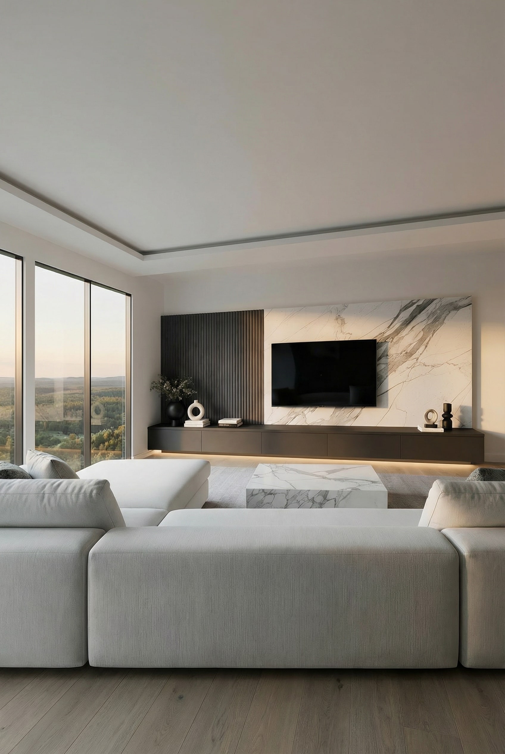 Minimalistisch woonkamer wandmeubel op maat met symmetrische belijning