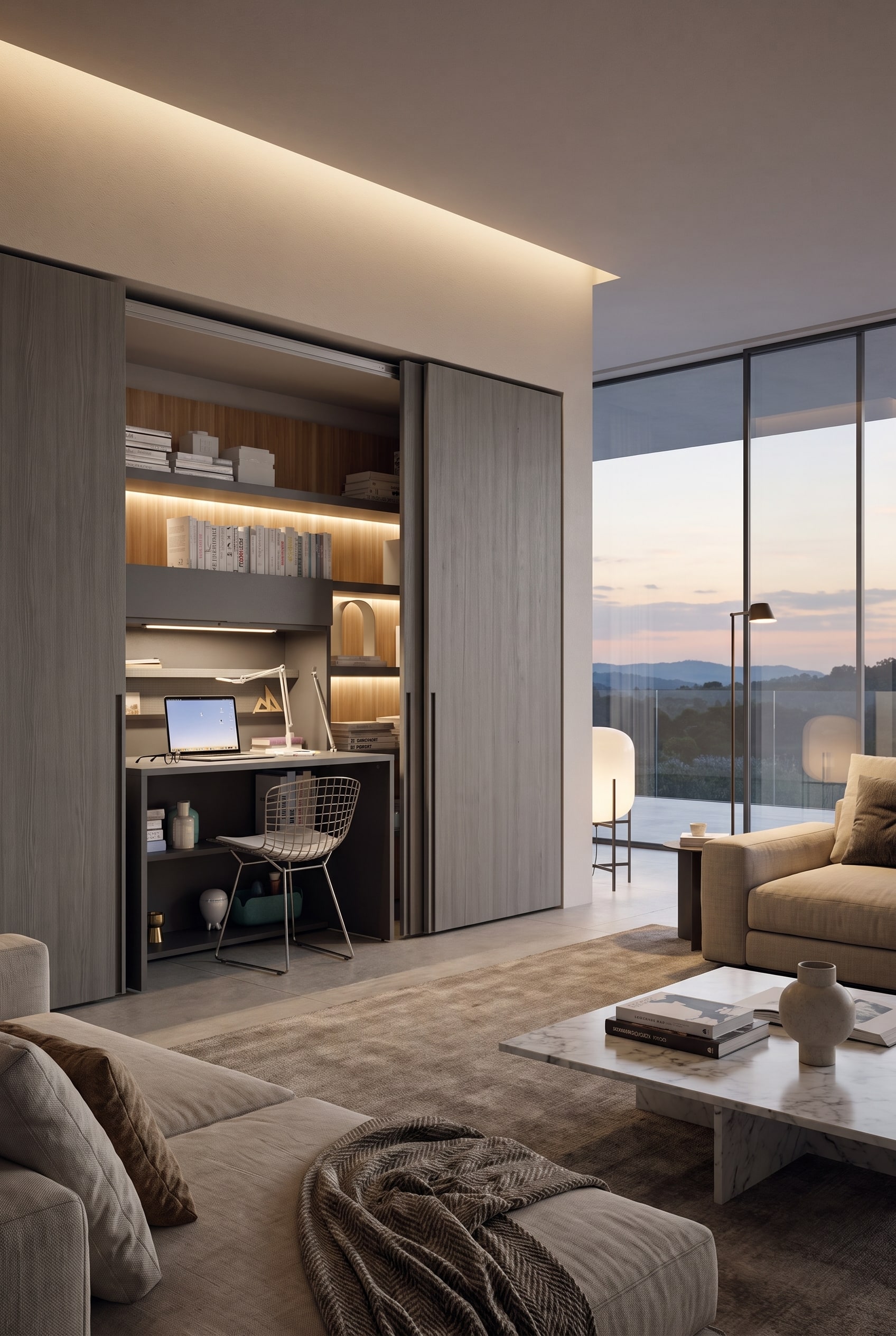 Espace de vie moderne avec une armoire pleine hauteur ouverte abritant un bureau &agrave; domicile, &agrave; c&ocirc;t&eacute; de l'&eacute;l&eacute;gante &eacute;tag&egrave;re murale Novamobili Ellie.