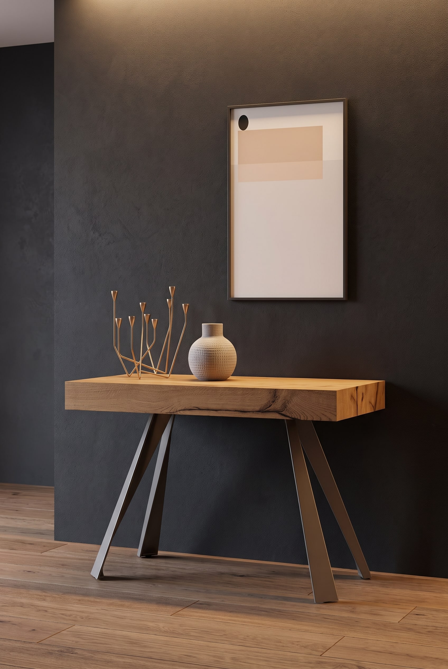 Console en bois avec pieds métalliques obliques dans un espace moderne, au-dessus de laquelle est suspendue une œuvre d'art parfaitement proportionnée avec 20 cm d'écart