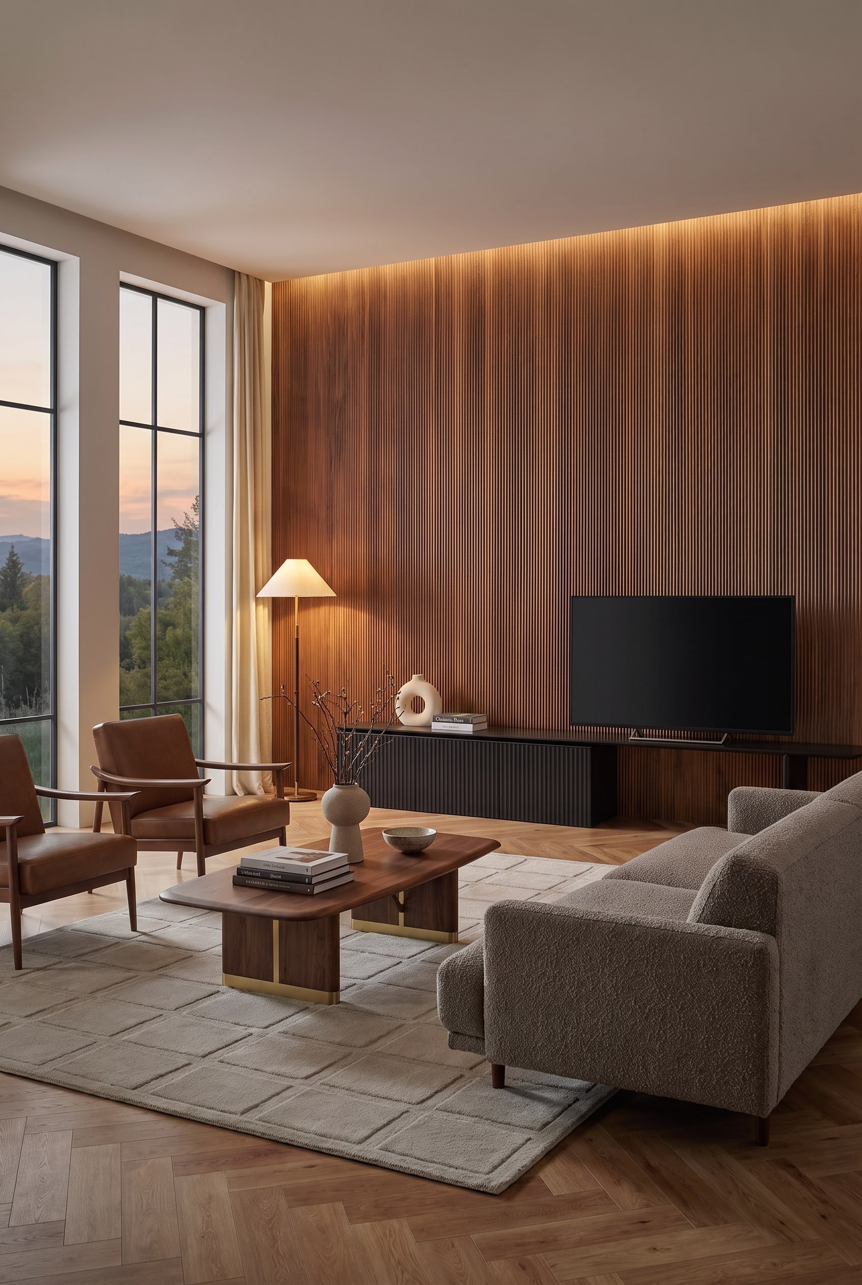 Salon avec mur en lattes de bois foncé, lowboard Punt Velasca noir, téléviseur et fauteuils Mid-Century couleur cognac.