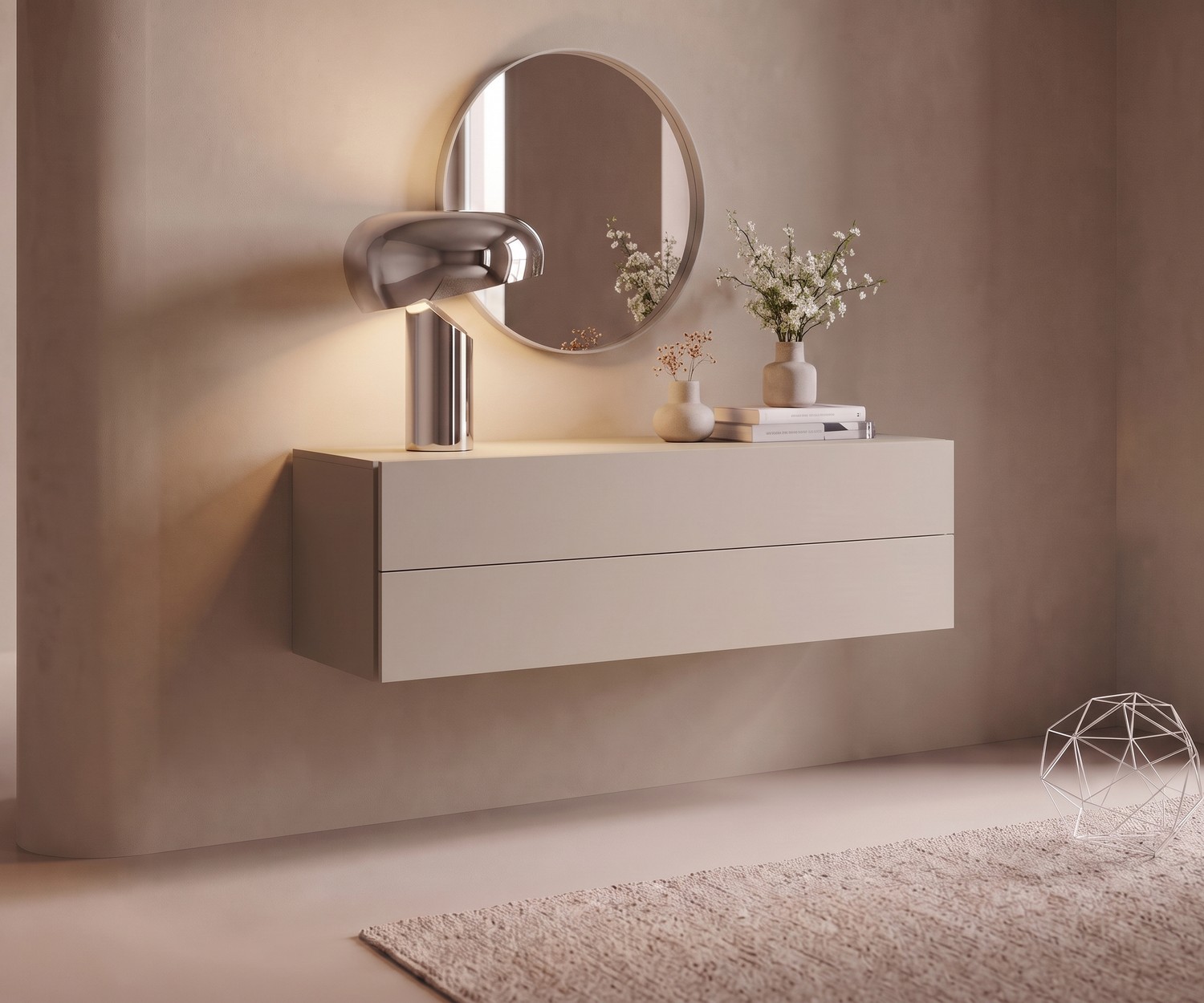 Commode suspendue Novamobili Easy pour l'entrée, meuble de rangement mural minimaliste beige sable à deux tiroirs.