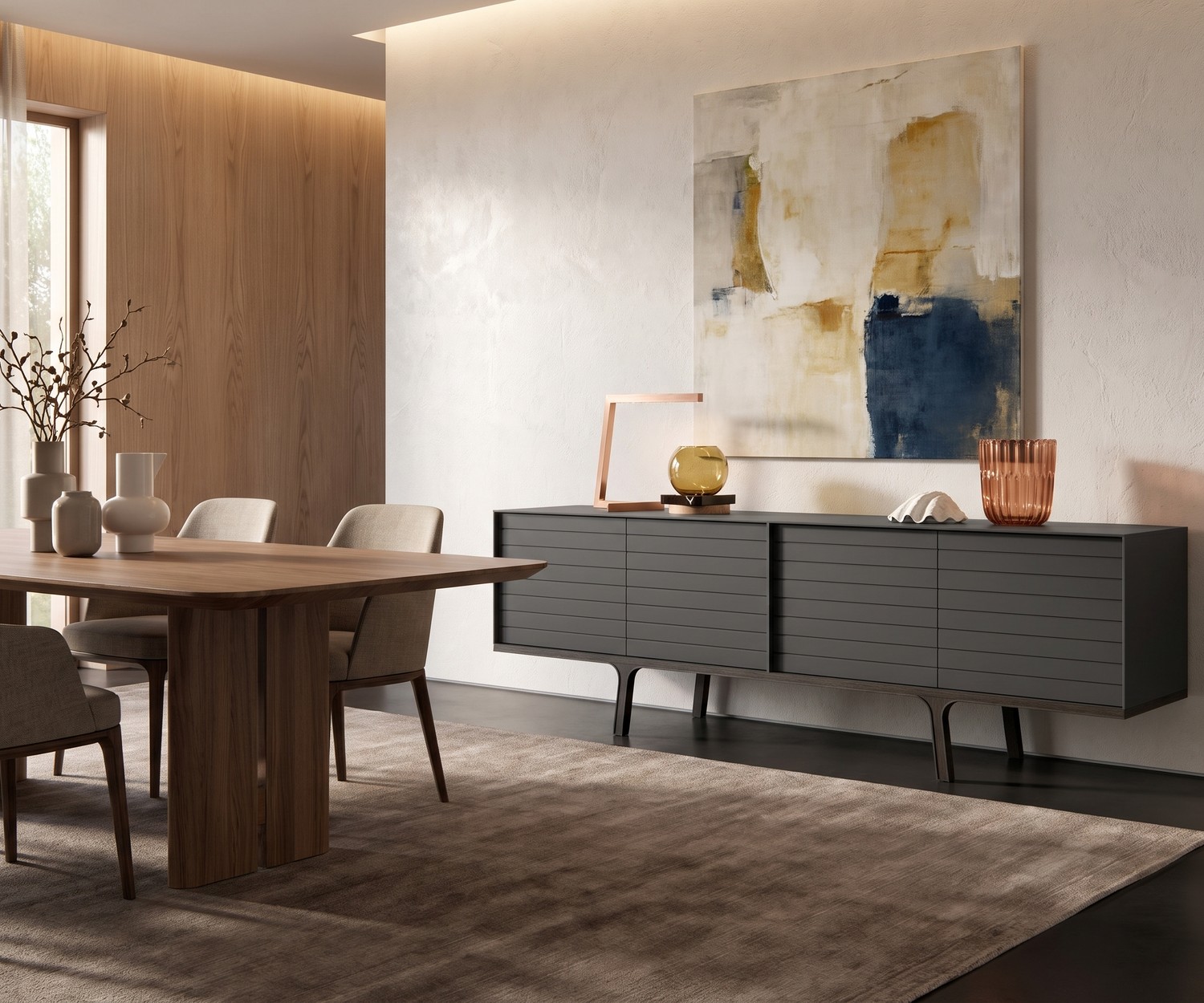 al2 Mobius 002 dressoir voor de woonkamer in mat donkergrijs met houten poten, minimalistisch modern interieur.
