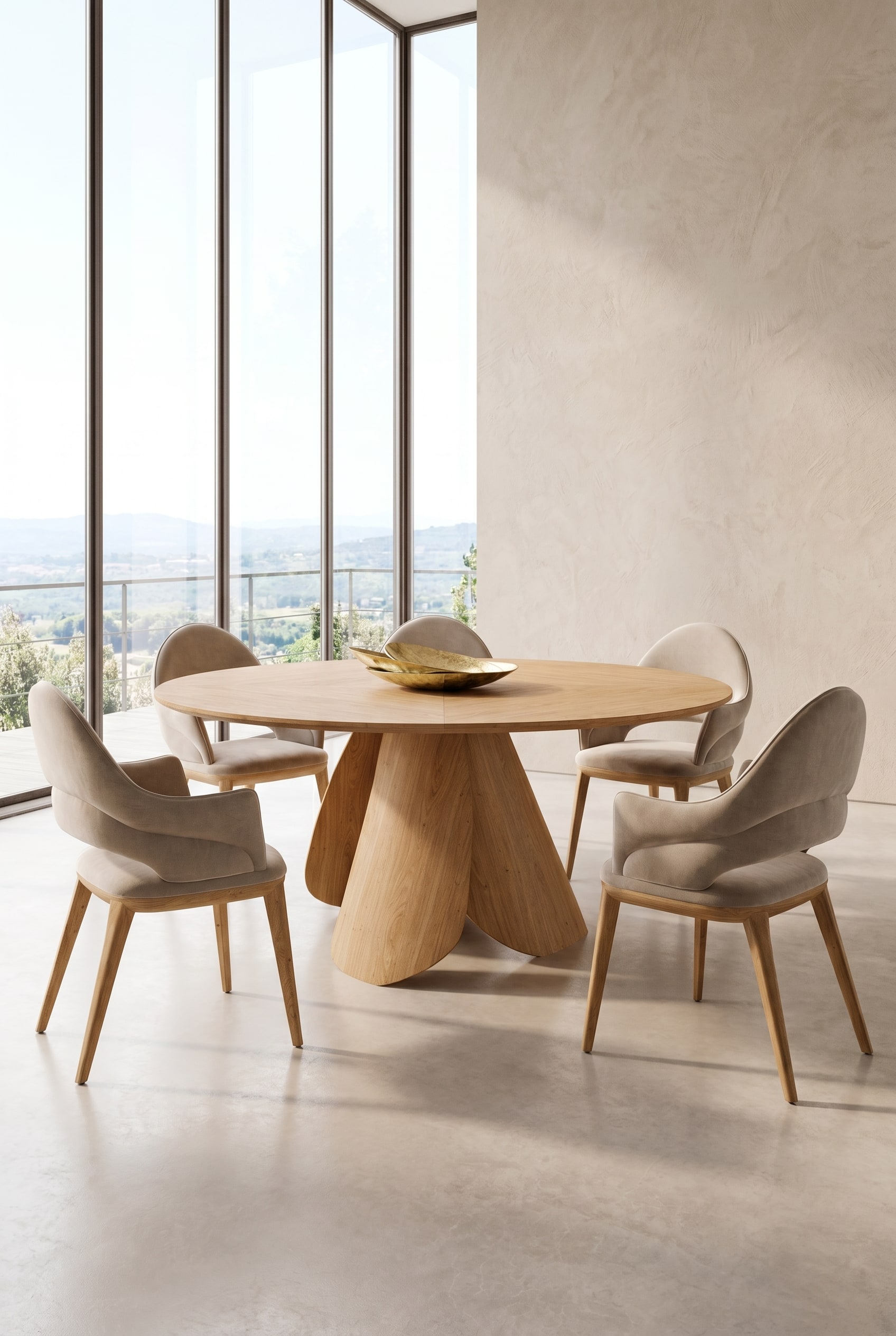 Table à manger ronde en bois clair avec un pied central, entourée de chaises rembourrées beiges incurvées