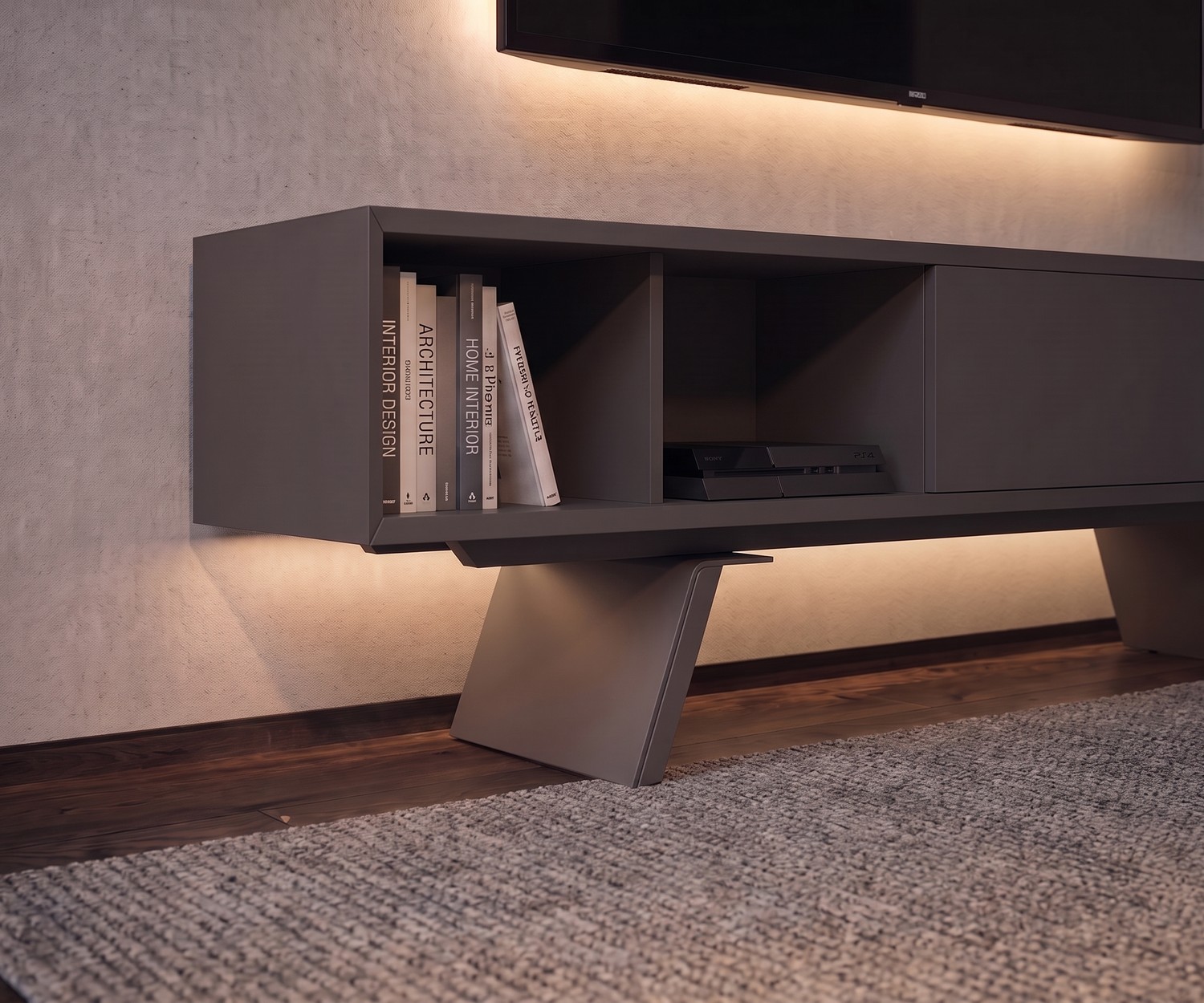 Meuble TV bas moderne al2 e-klipse 005 gris avec LED Meuble TV bas al2 e-klipse 005 pour salon en gris mat avec éclairage LED, compartiments ouverts et design moderne.