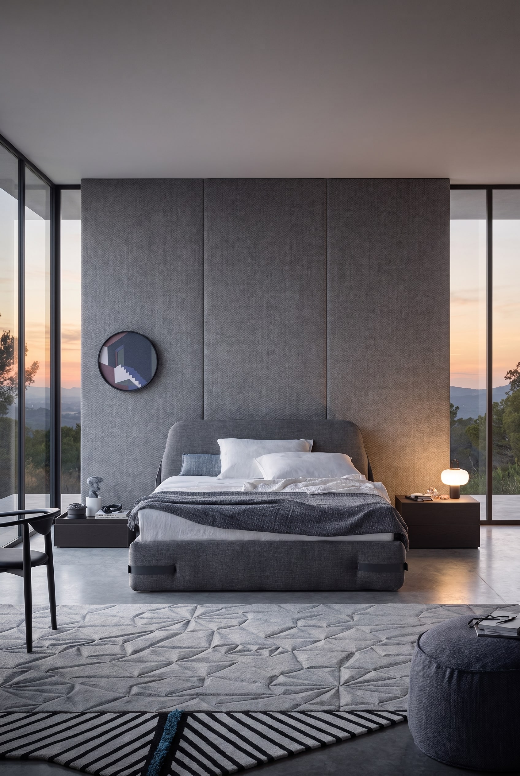 Chambre minimaliste avec lit rembourr&eacute; confortable dans le m&ecirc;me ton de gris que le panneau mural textile derri&egrave;re