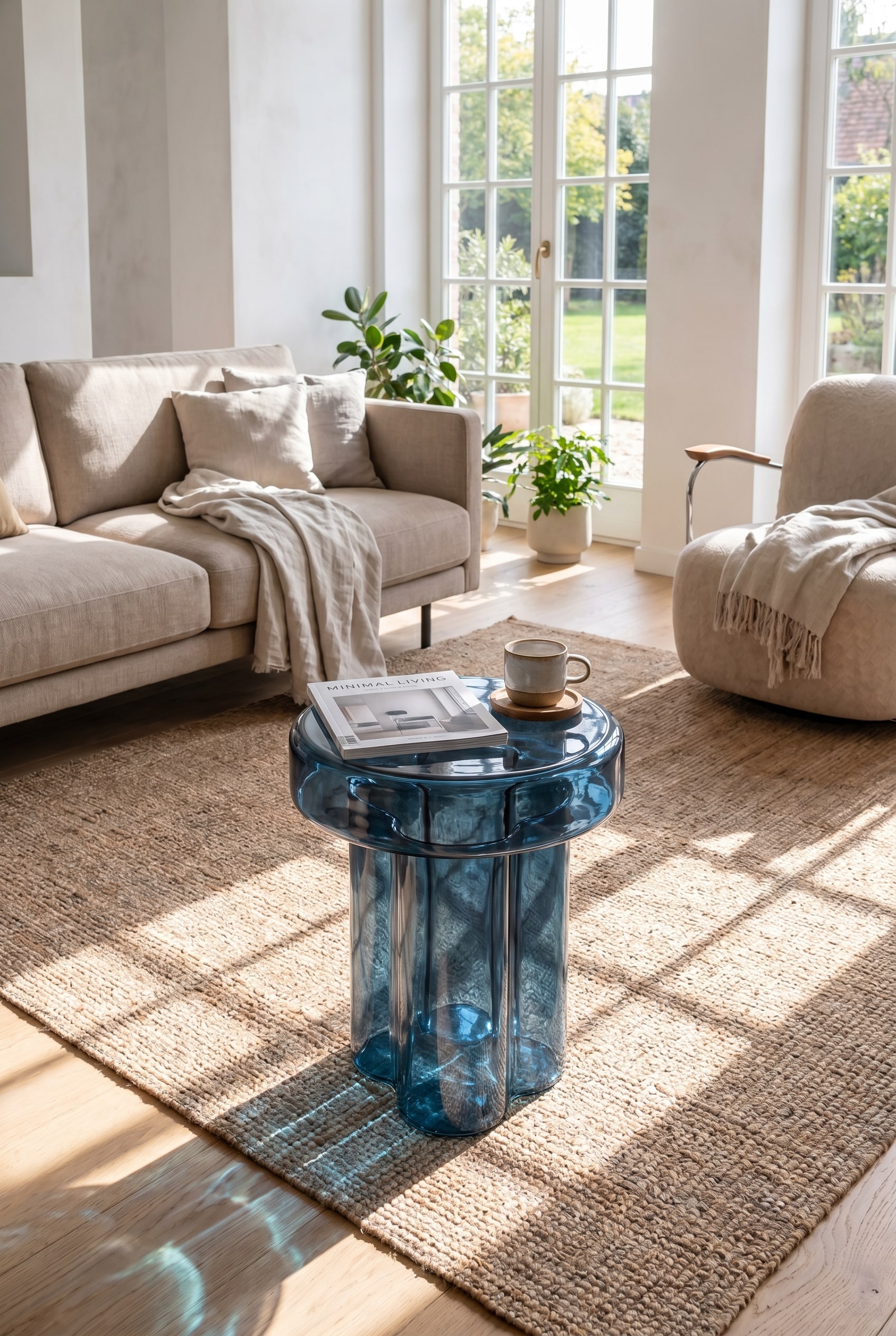 Table basse Miniforms Soda utilis&eacute;e au quotidien avec des magazines et une tasse de caf&eacute;
