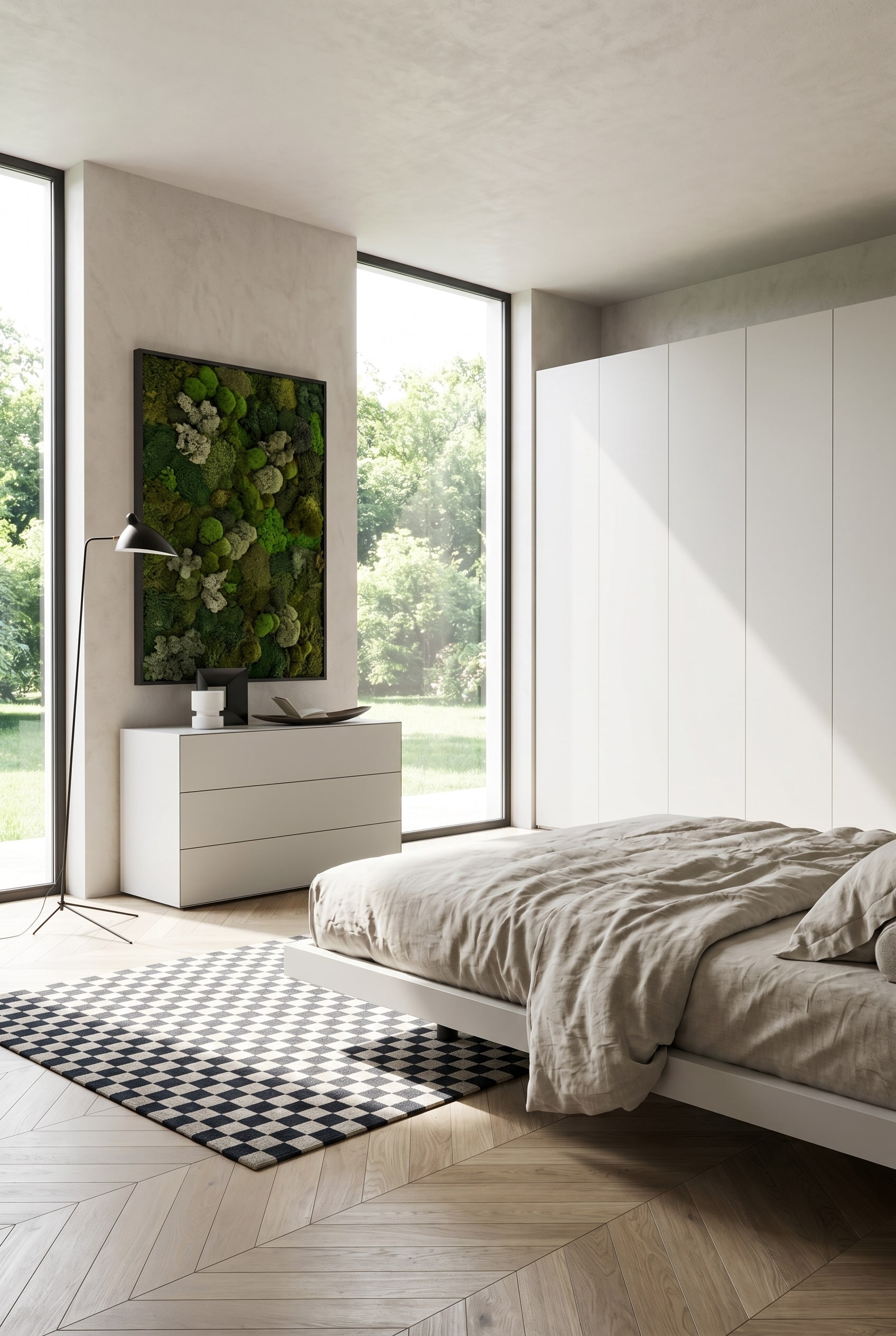 Chambre minimaliste avec commode blanche sans poign&eacute;e, surmont&eacute;e d'un tableau de mousse rectangulaire et d'un lampadaire simple