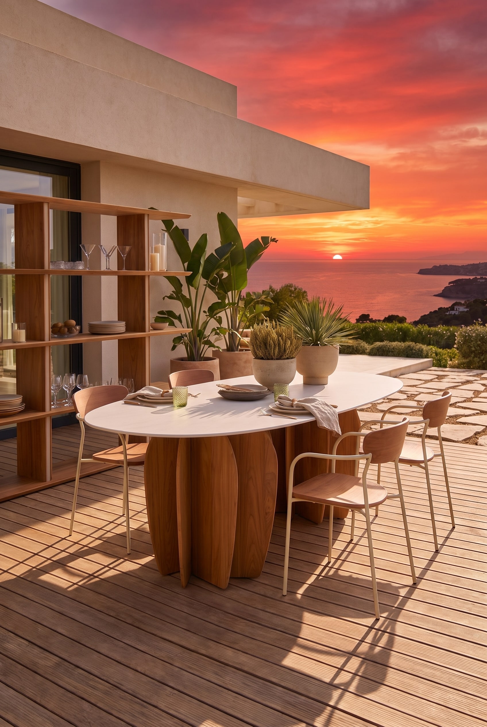 Terrasse en bois en début de soirée avec une élégante table à manger d'extérieur ovale, dont les pieds distinctifs en teck sont éclairés par la chaude lumière du contre-jour