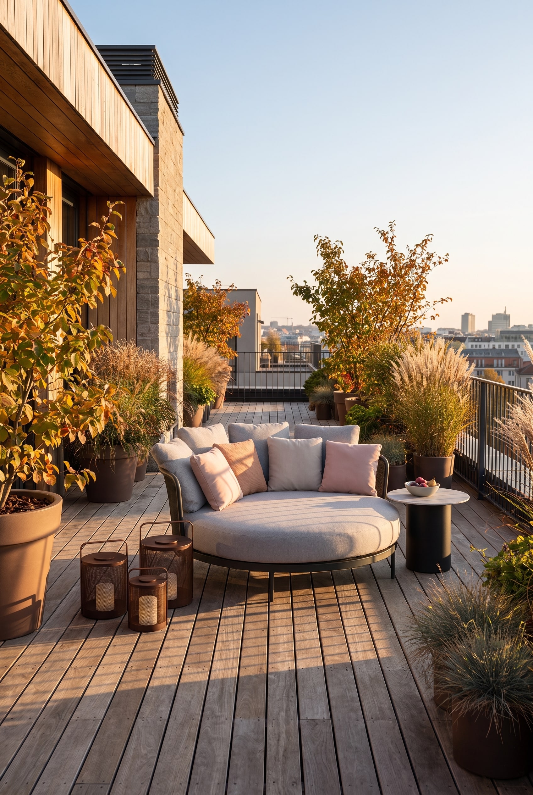 Daybed d'extérieur rond avec de gros coussins gris sur une terrasse en bois à ciel ouvert