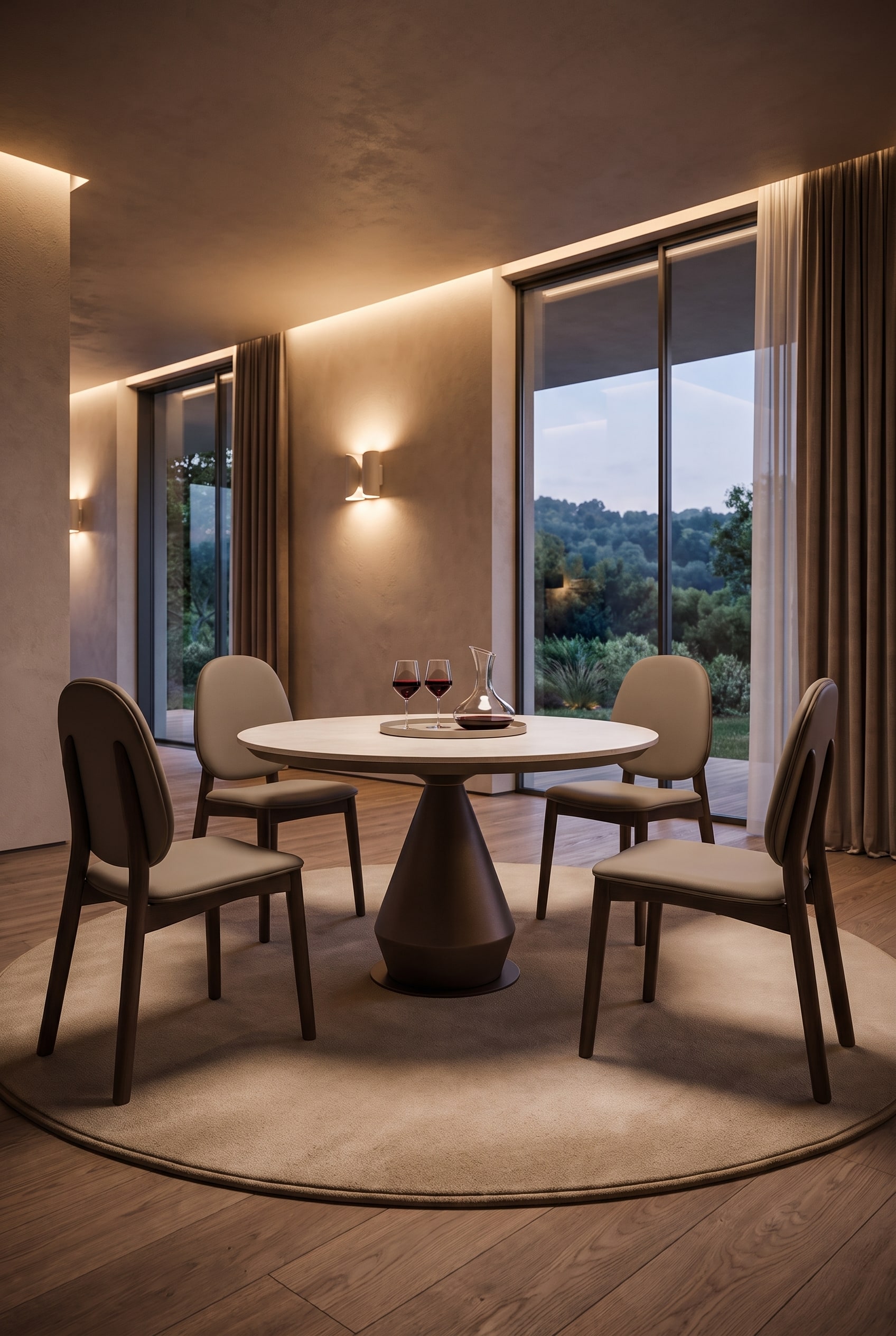 Table &agrave; manger ronde extensible Ozzio Lycos avec plateau en c&eacute;ramique, quatre chaises arrondies et un tapis &eacute;l&eacute;gant