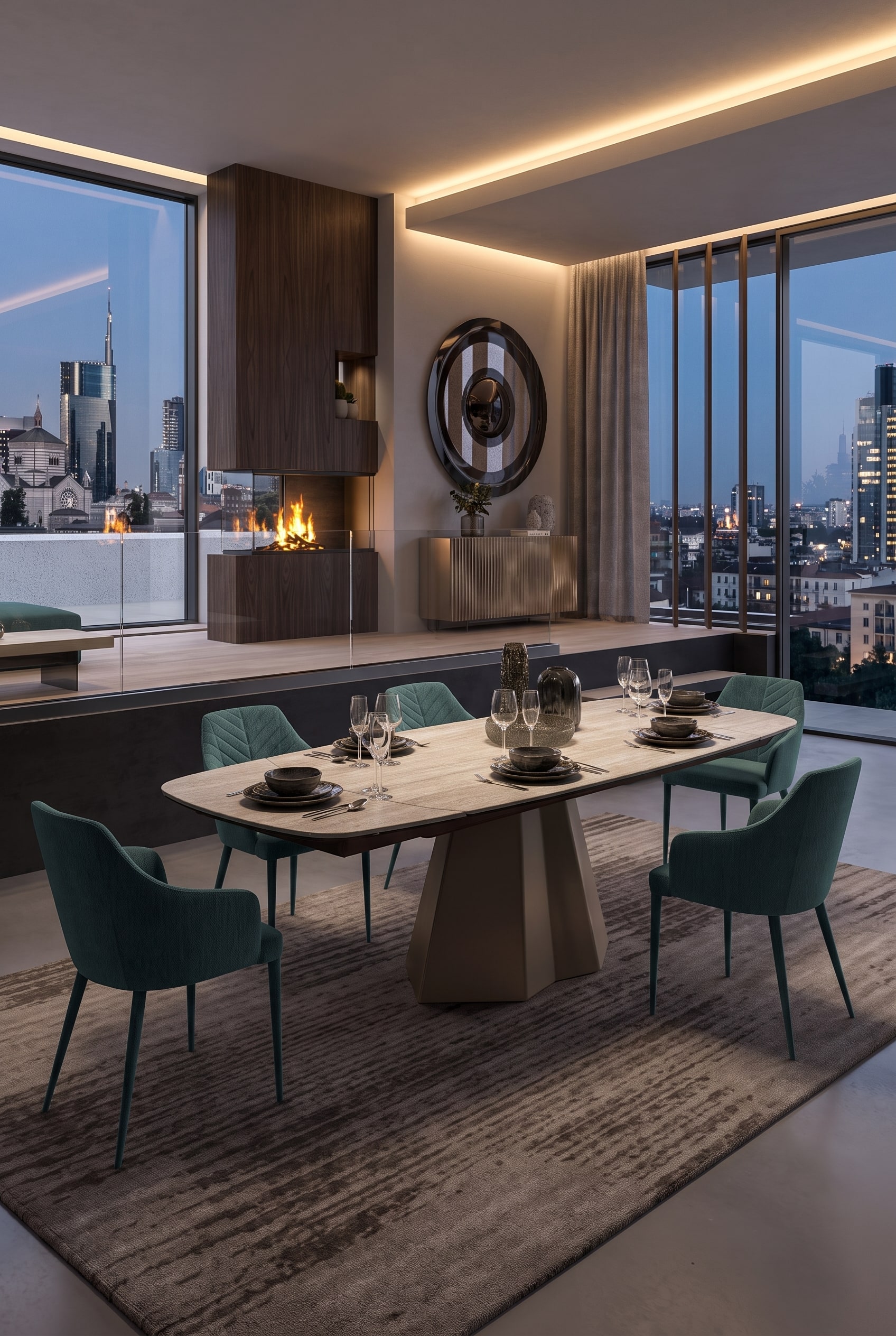 Salle &agrave; manger ouverte avec une table extensible aspect pierre, un pied en m&eacute;tal asym&eacute;trique et quatre chaises rembourr&eacute;es couleur p&eacute;trole