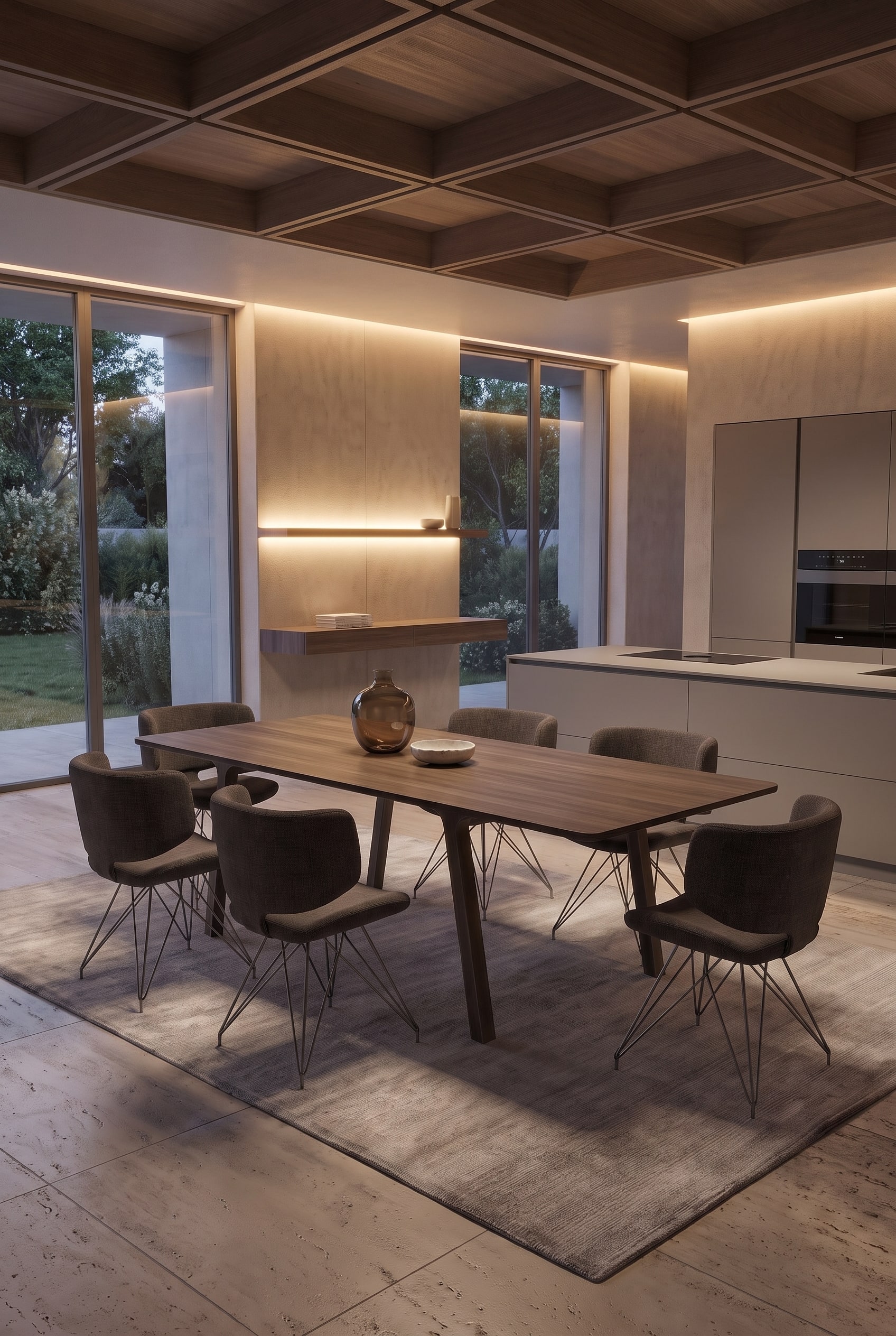 Une table &agrave; manger de haute qualit&eacute; en bois fonc&eacute; dans une cuisine-salon ouverte et moderne, qui d&eacute;gage une chaleur naturelle sur un rev&ecirc;tement de sol frais.