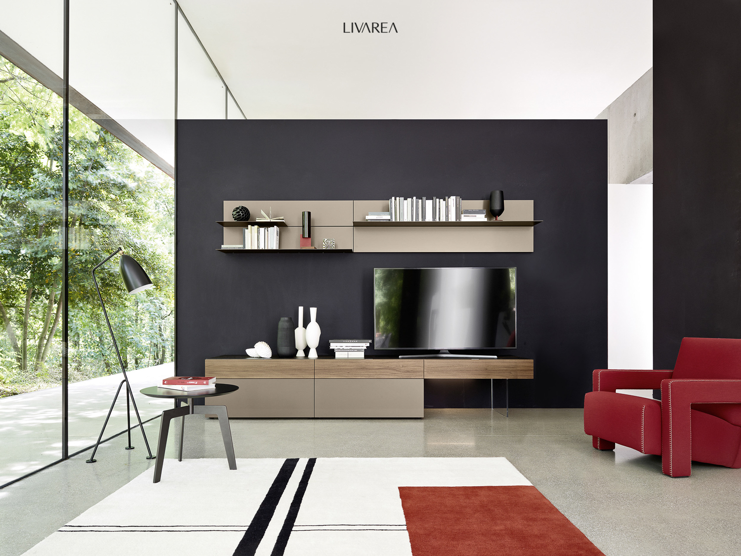 Elegante woonkamer met compact wandmeubel voor een zwevend effect Elegante woonkamer met compact wandmeubel voor een zwevend effect