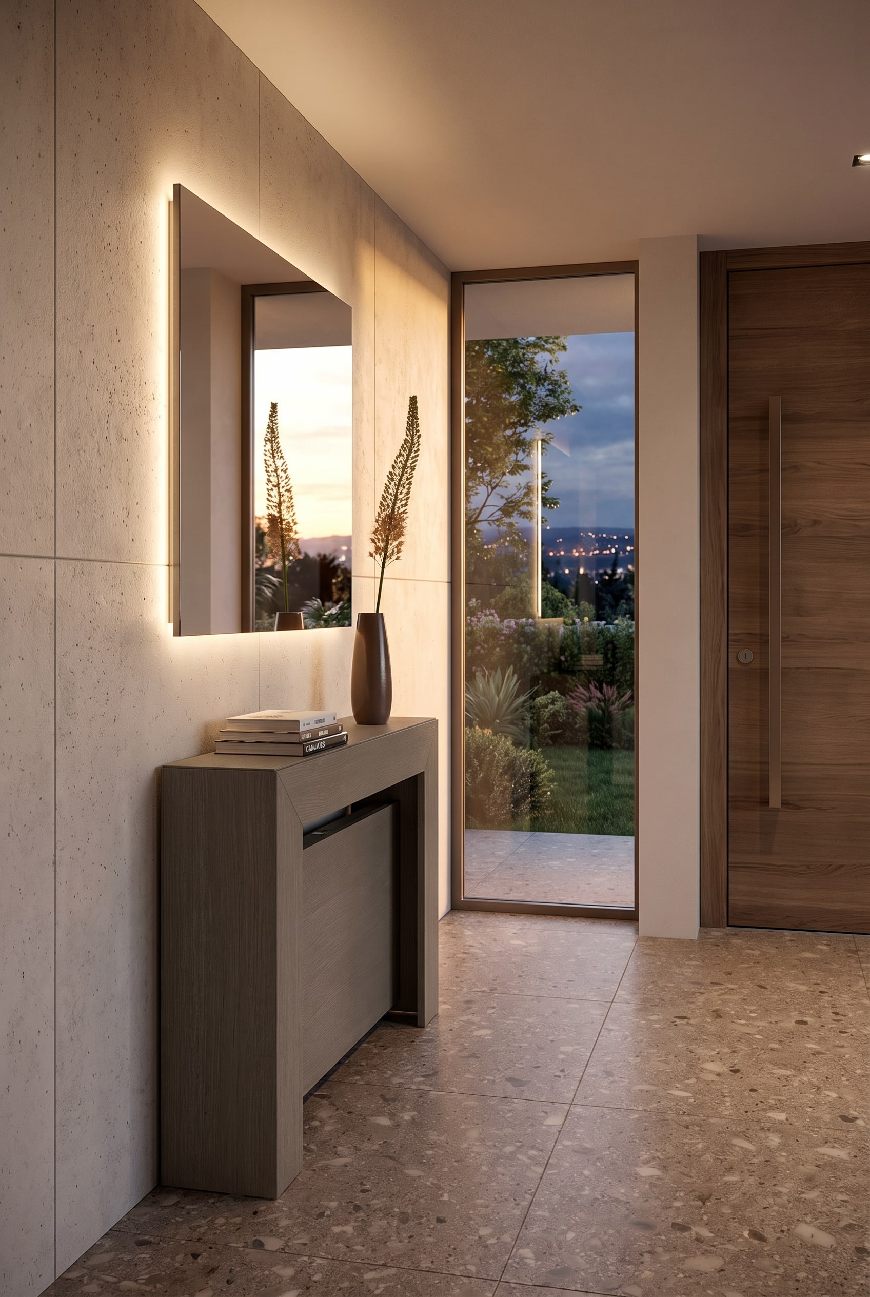 Couloir très étroit avec une console extrêmement plate et un grand miroir mural