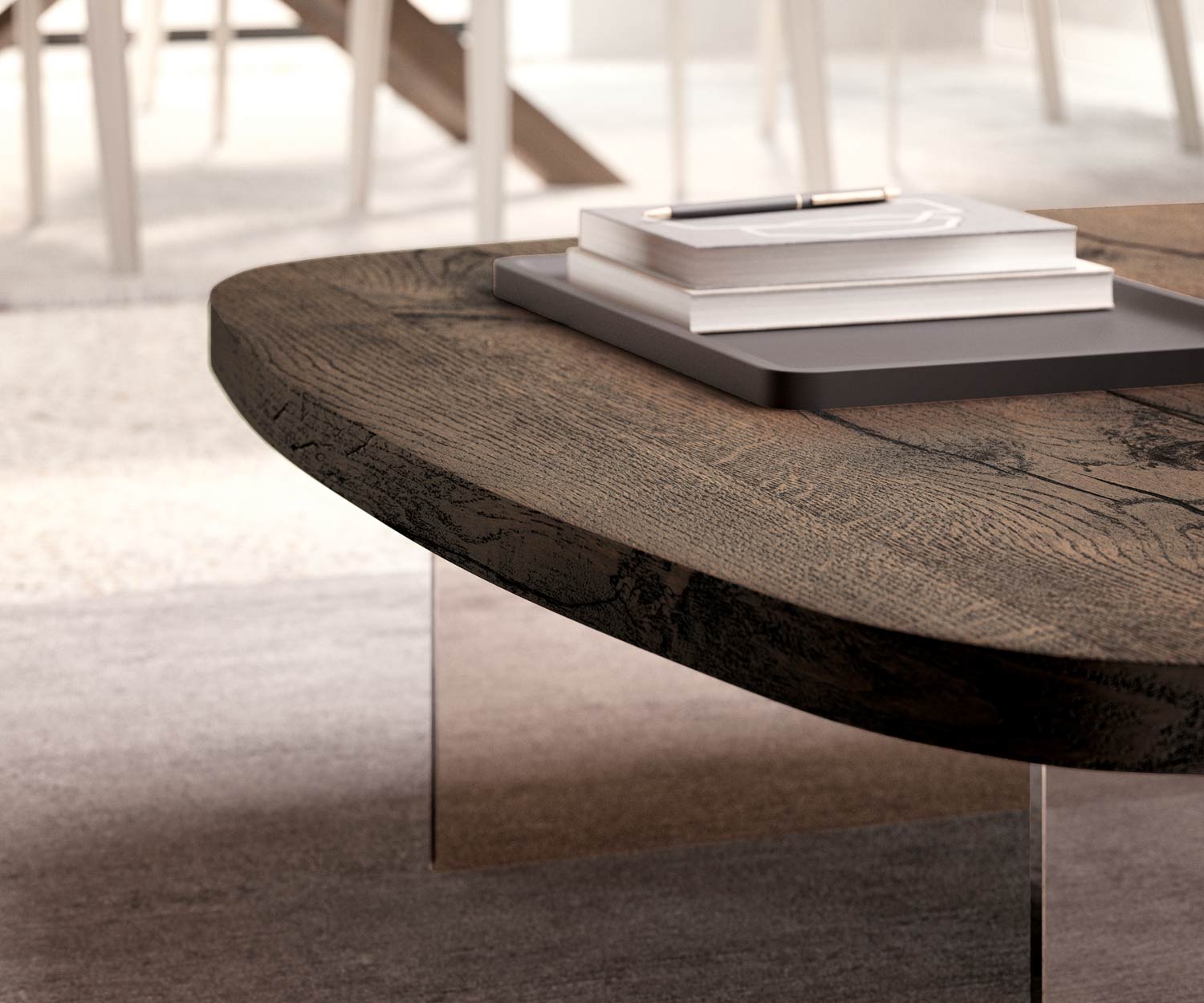 Modern design salontafel glazen poten licht eiken naturel tafelblad Modern design salontafel glazen poten licht eiken naturel tafelblad