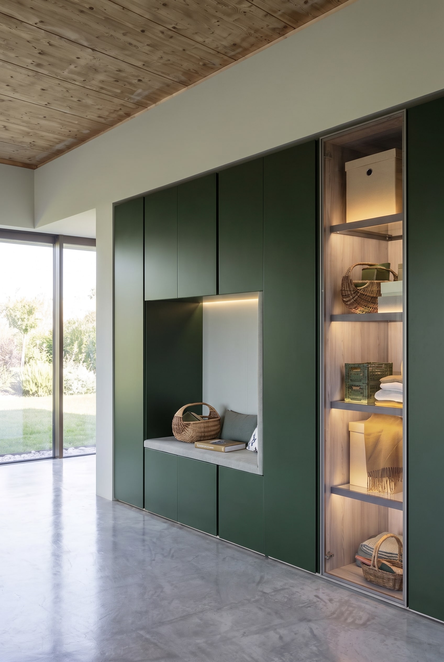 Armoire verte, pr&eacute;sentant au centre une niche ouverte avec une banquette rembourr&eacute;e grise et des coussins confortables