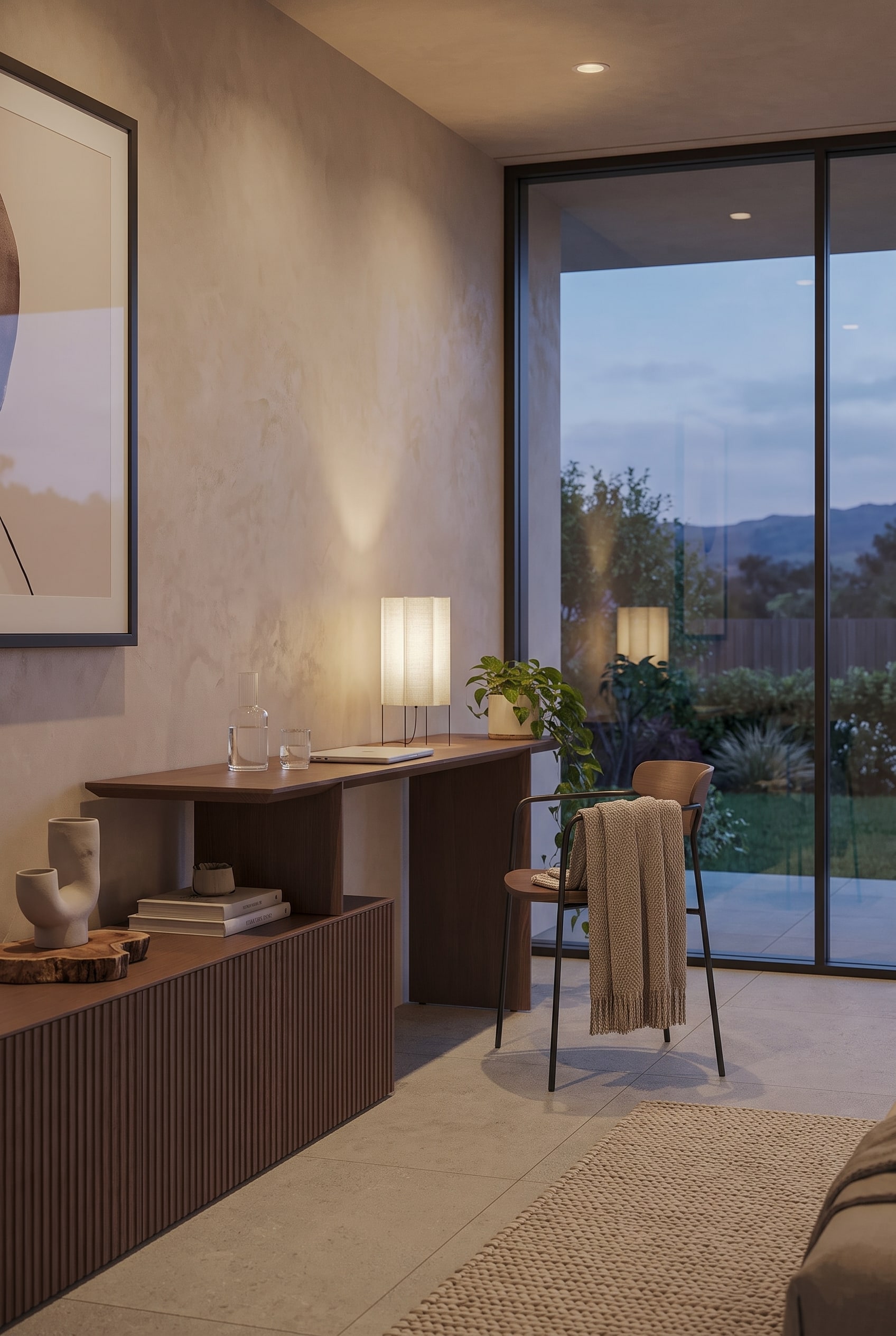 Salon atmosph&eacute;rique au cr&eacute;puscule, &eacute;clair&eacute; par une lampe de table recouverte de tissu, projetant des ombres douces sur le mur