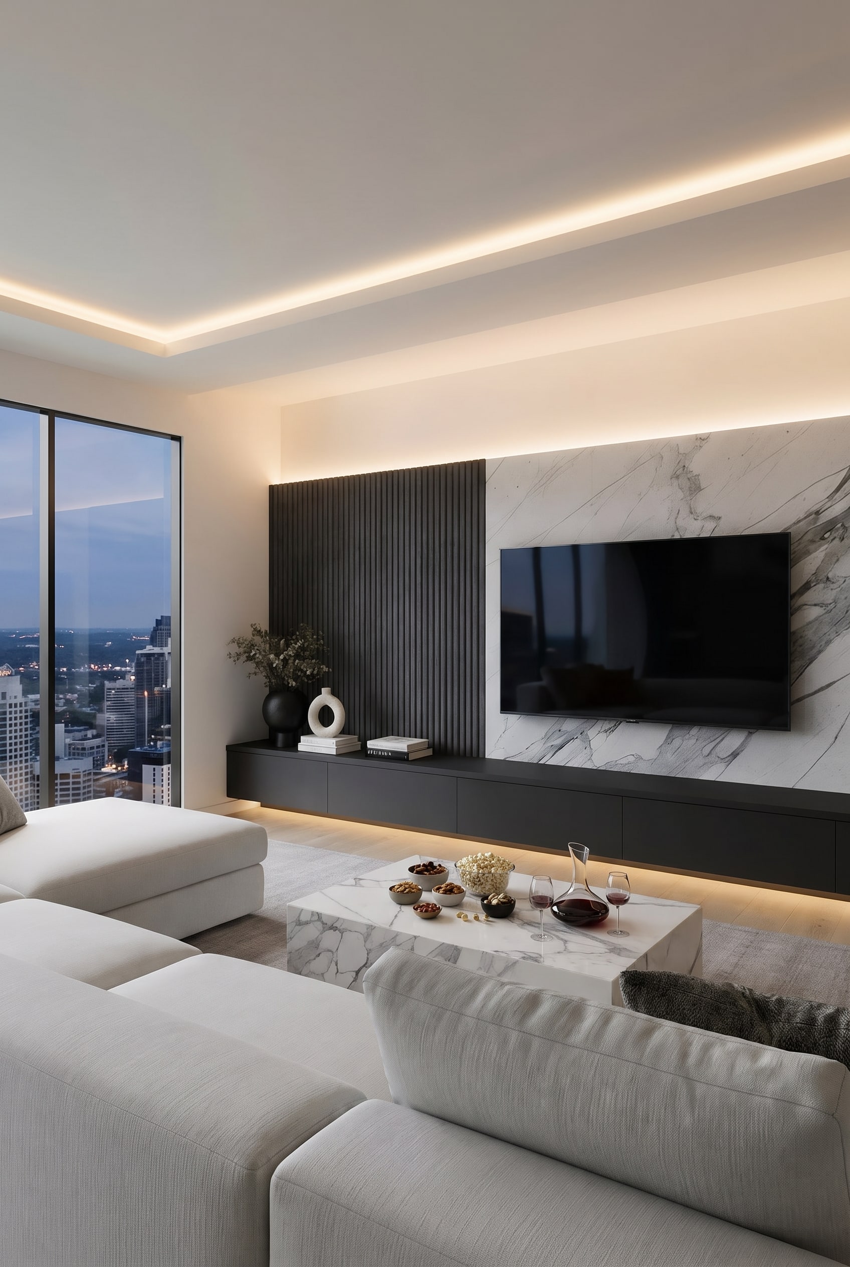 Salon luxueux avec mur média sur mesure en lattes gris foncé, fond en marbre et grand canapé blanc