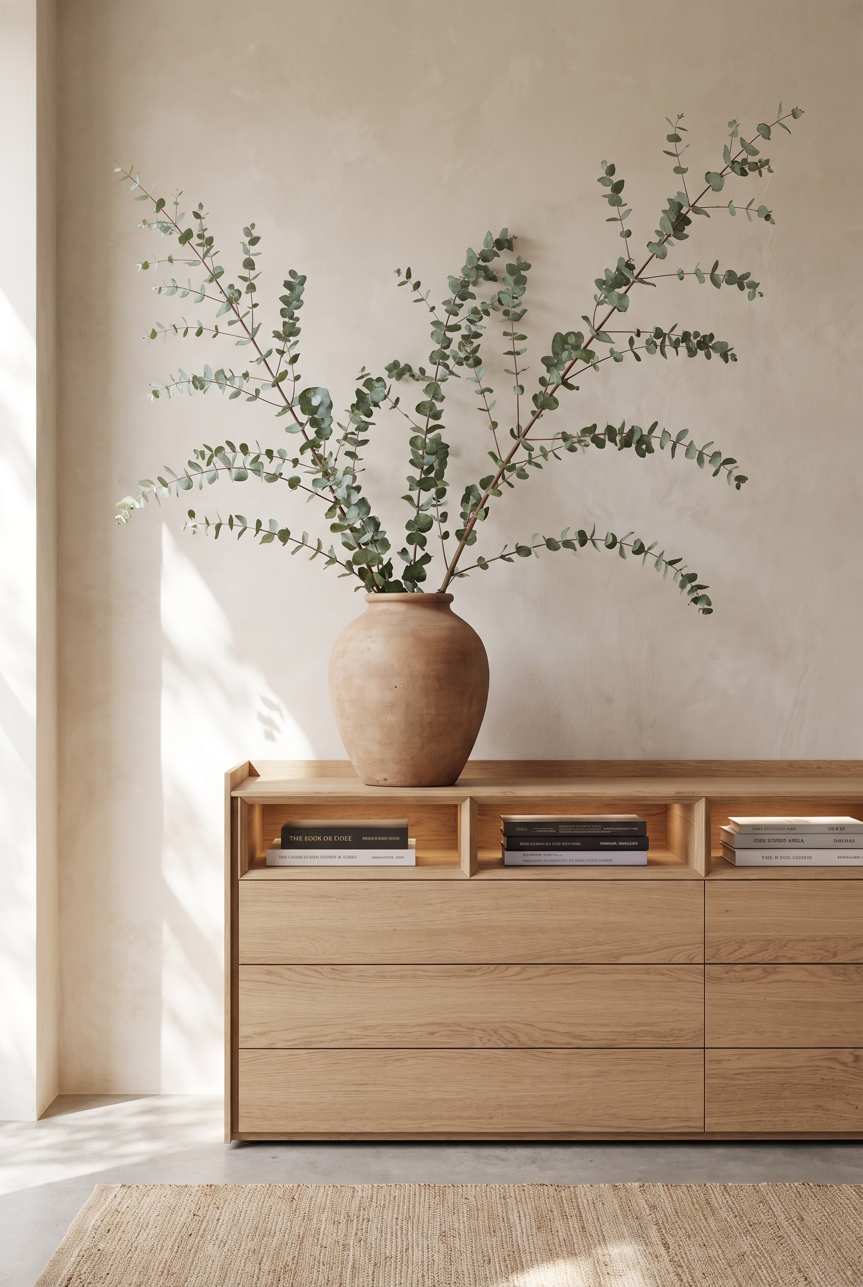 Commode en ch&ecirc;ne clair avec niche ouverte, surmont&eacute;e d'un vase en terre cuite non &eacute;maill&eacute;e et ventru avec trois grandes branches d'eucalyptus imposantes