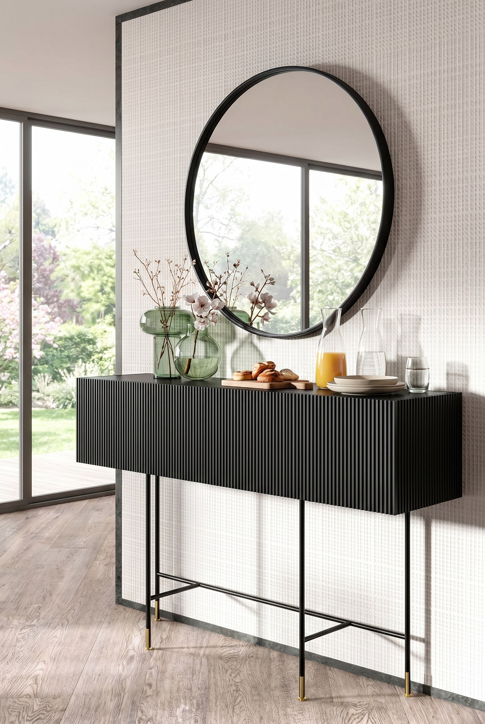 Élégant buffet Capo d'Opera Aero Bar noir avec façade cannelée, décoré de vases en verre verts et d'un miroir rond en arrière-plan, idéal pour le brunch de printemps. Élégant buffet Capo d'Opera Aero Bar noir avec façade cannelée, décoré de vases en verre verts et d'un miroir rond en arrière-plan, idéal pour le brunch de printemps.