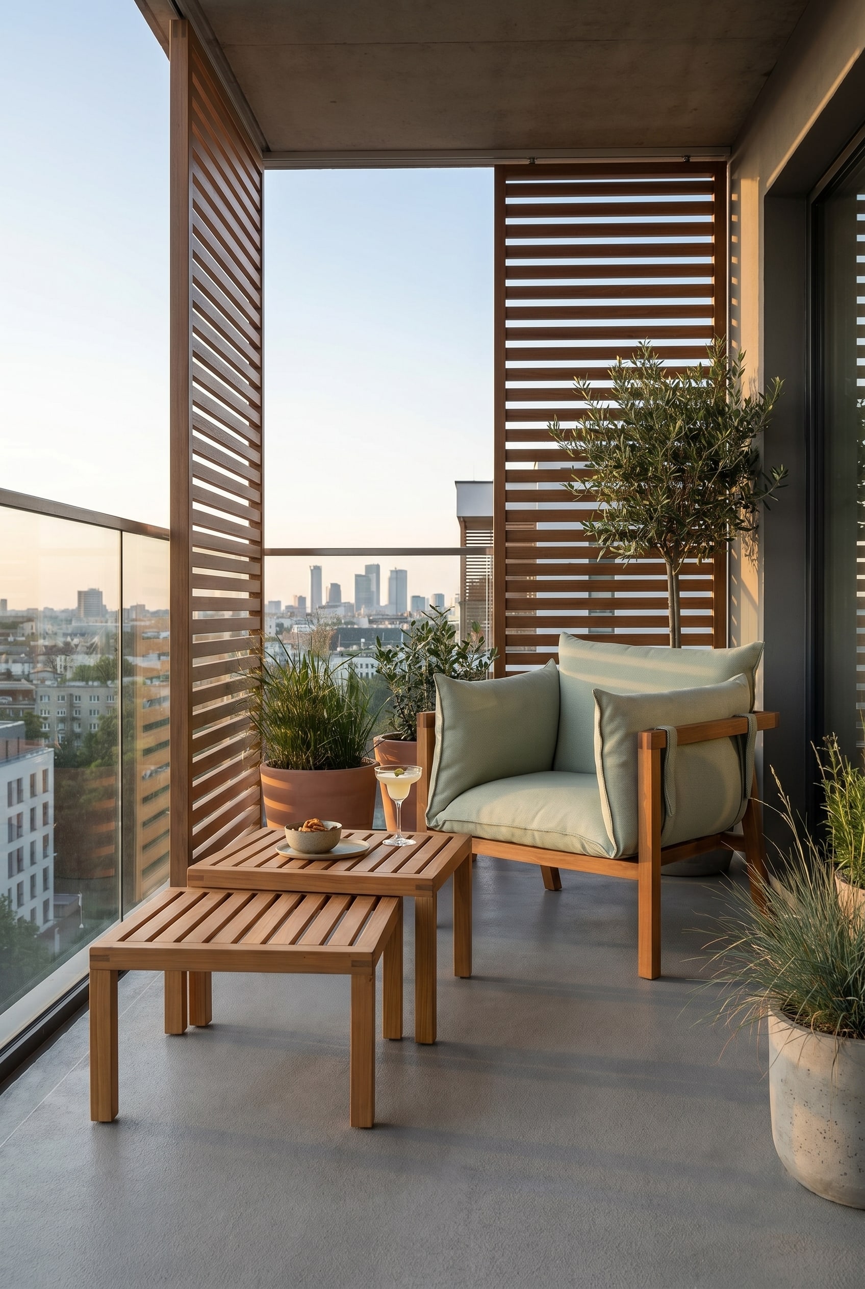 Am&eacute;nagement de balcon urbain avec deux tables d'appoint carr&eacute;es de hauteurs diff&eacute;rentes en lattes de bois devant un mur gris moderne