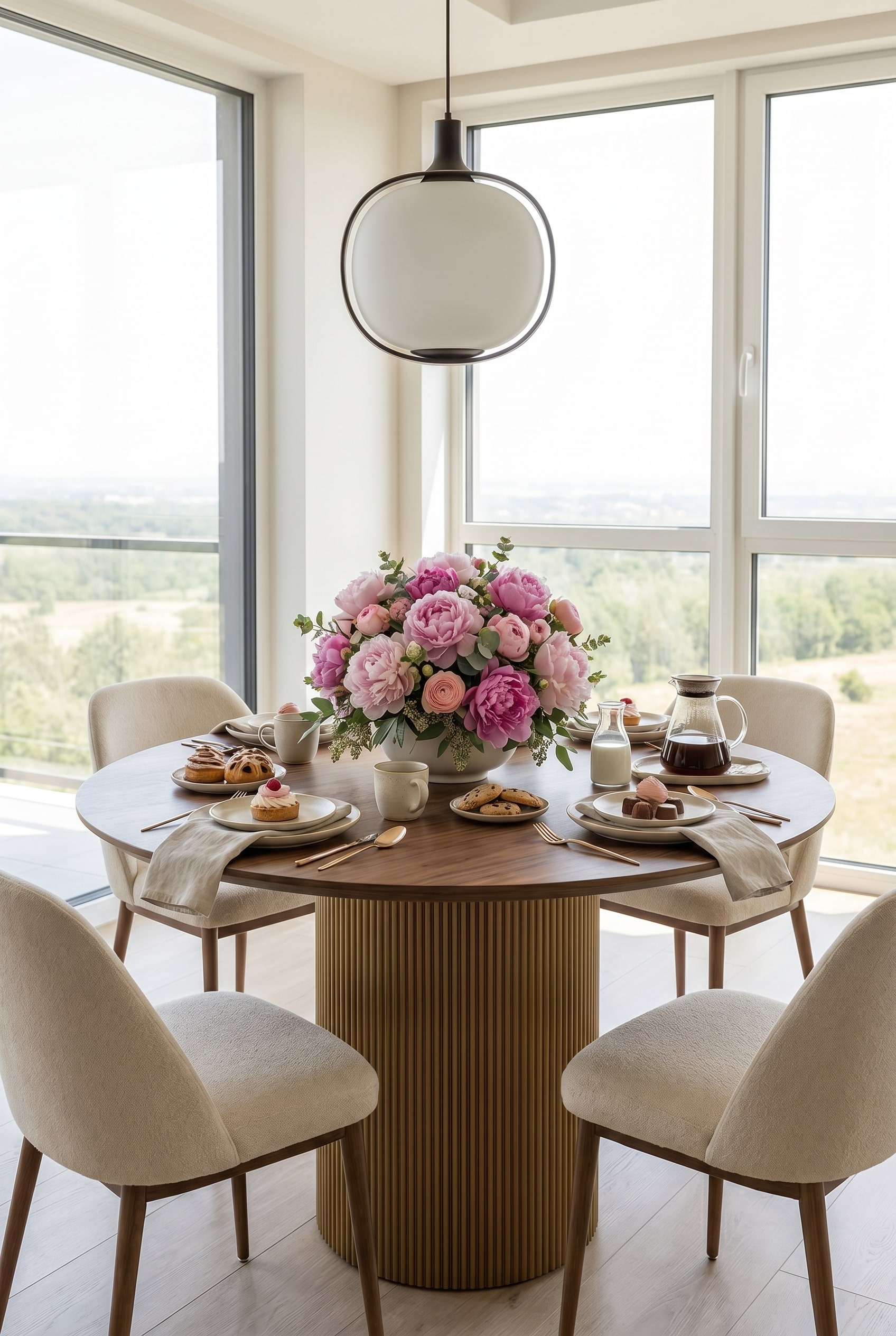 &Eacute;l&eacute;gante table &agrave; manger ronde avec pied central cannel&eacute; en bois, d&eacute;cor&eacute;e de pivoines rondes dans une salle &agrave; manger lumineuse