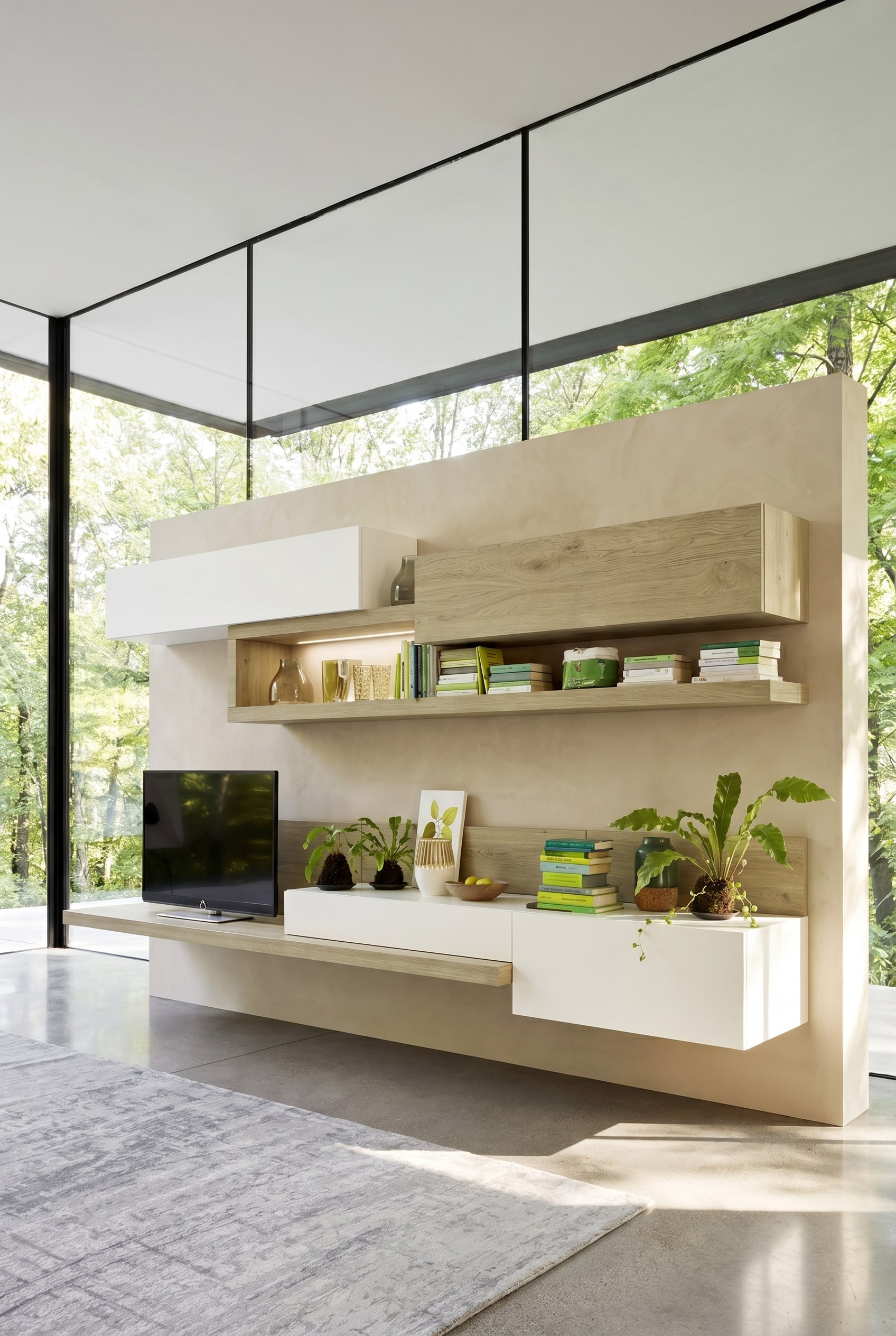 &Eacute;l&eacute;gant meuble mural combinant parfaitement la laque mate et le placage en bois v&eacute;ritable naturel