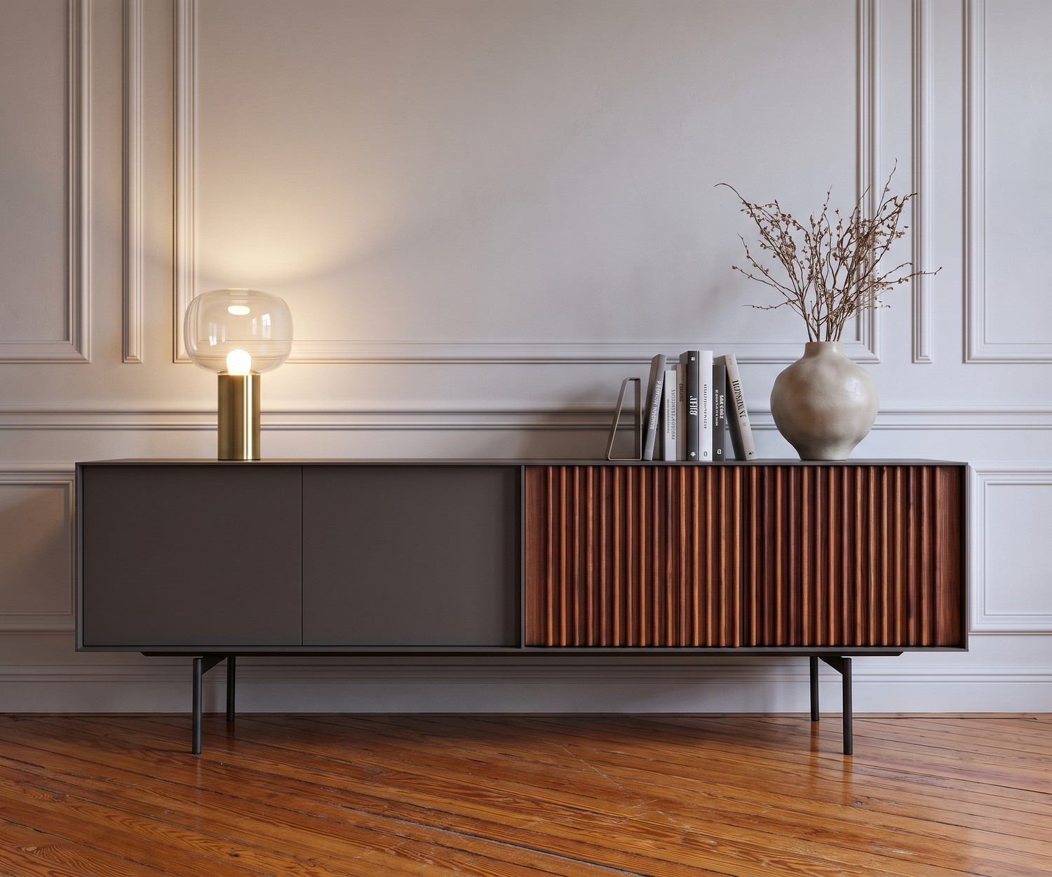 Design dressoir walnoot donkergrijs mat gelakt Deuren met push-pull technologie Design dressoir walnoot donkergrijs mat gelakt Deuren met push-pull technologie