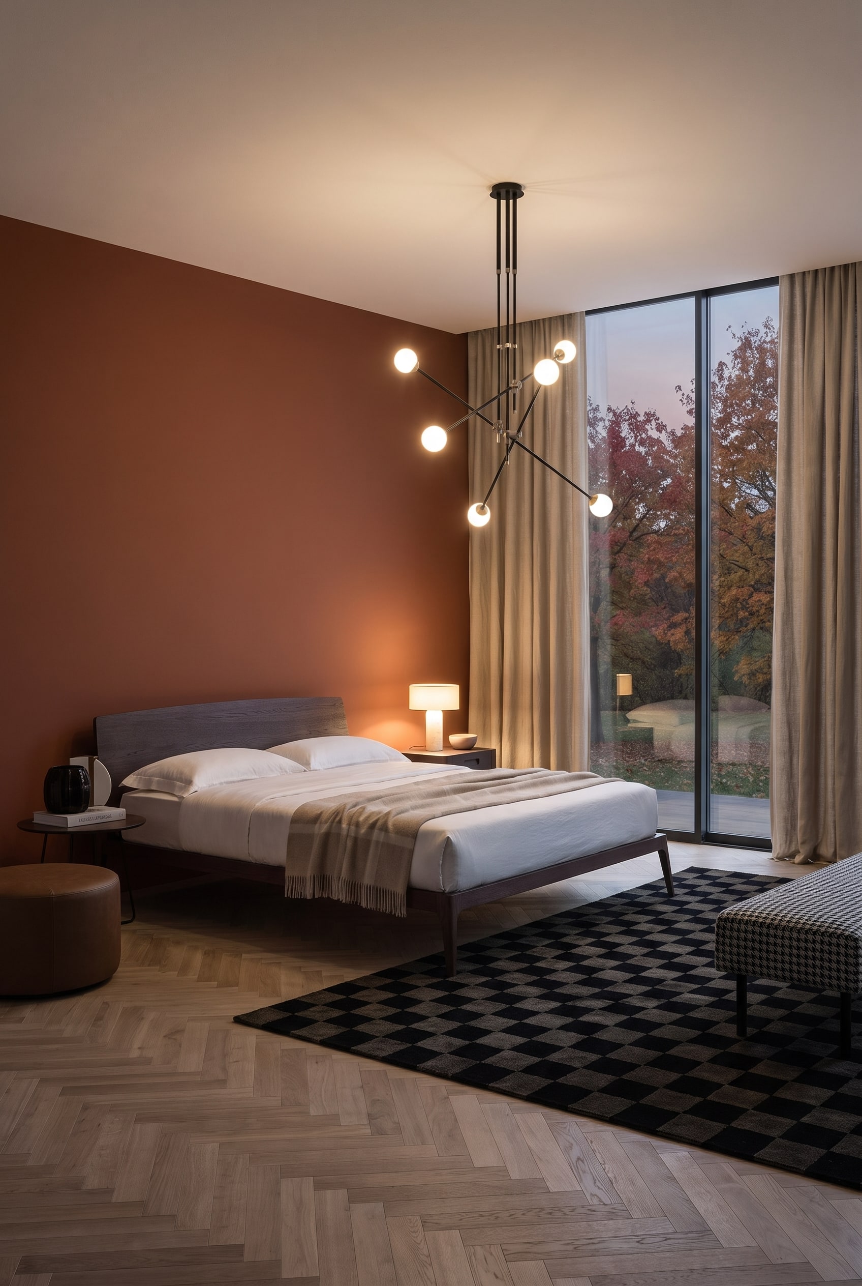 Chambre élégante avec lit en bois, mur couleur terre cuite et lumière blanc chaud