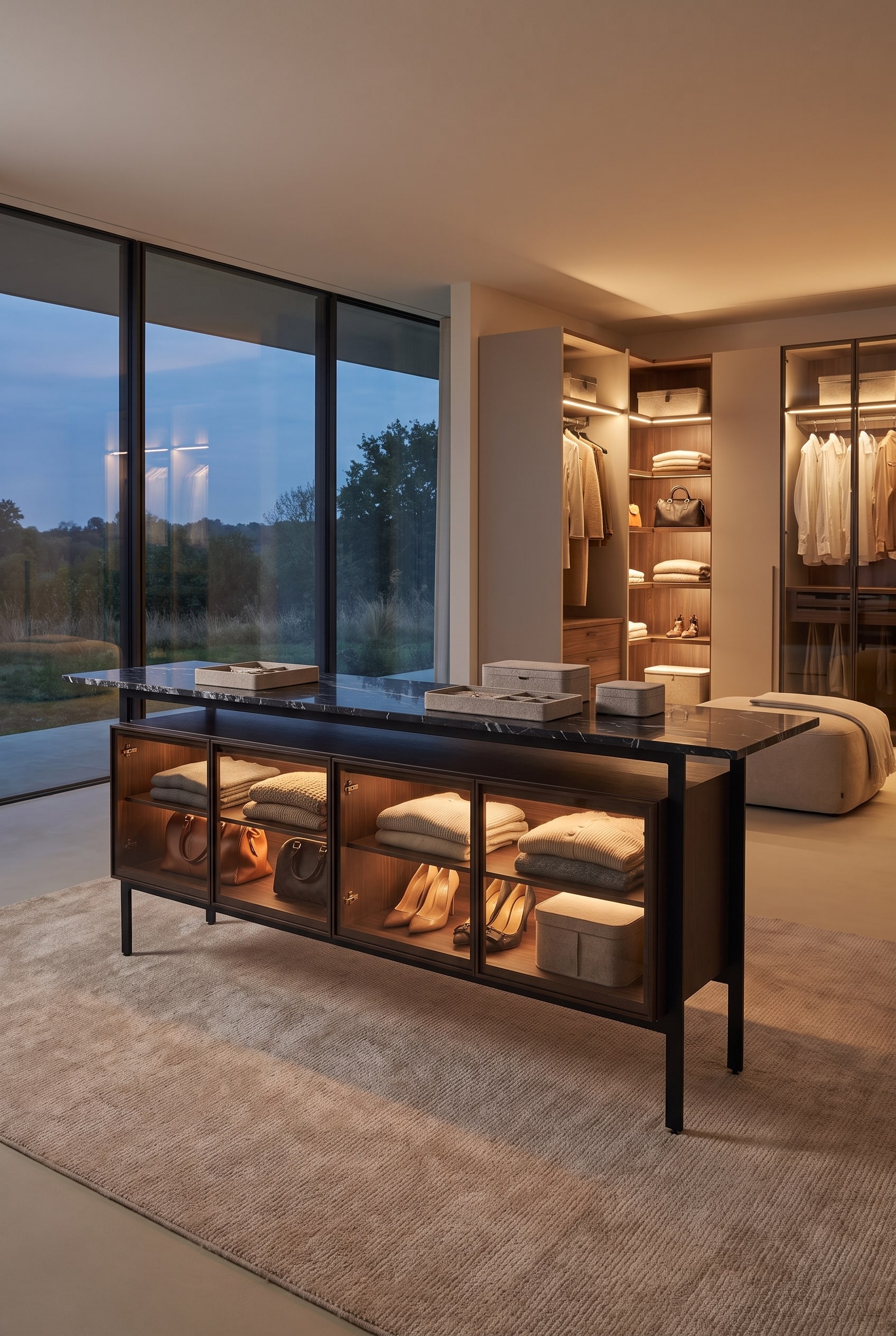 Un sideboard noir mat sert de s&eacute;parateur de pi&egrave;ce dans un dressing spacieux. Gr&acirc;ce au couvercle en verre satin&eacute; sur le dessus, des montres &eacute;clair&eacute;es sont visibles dans le compartiment sup&eacute;rieur.