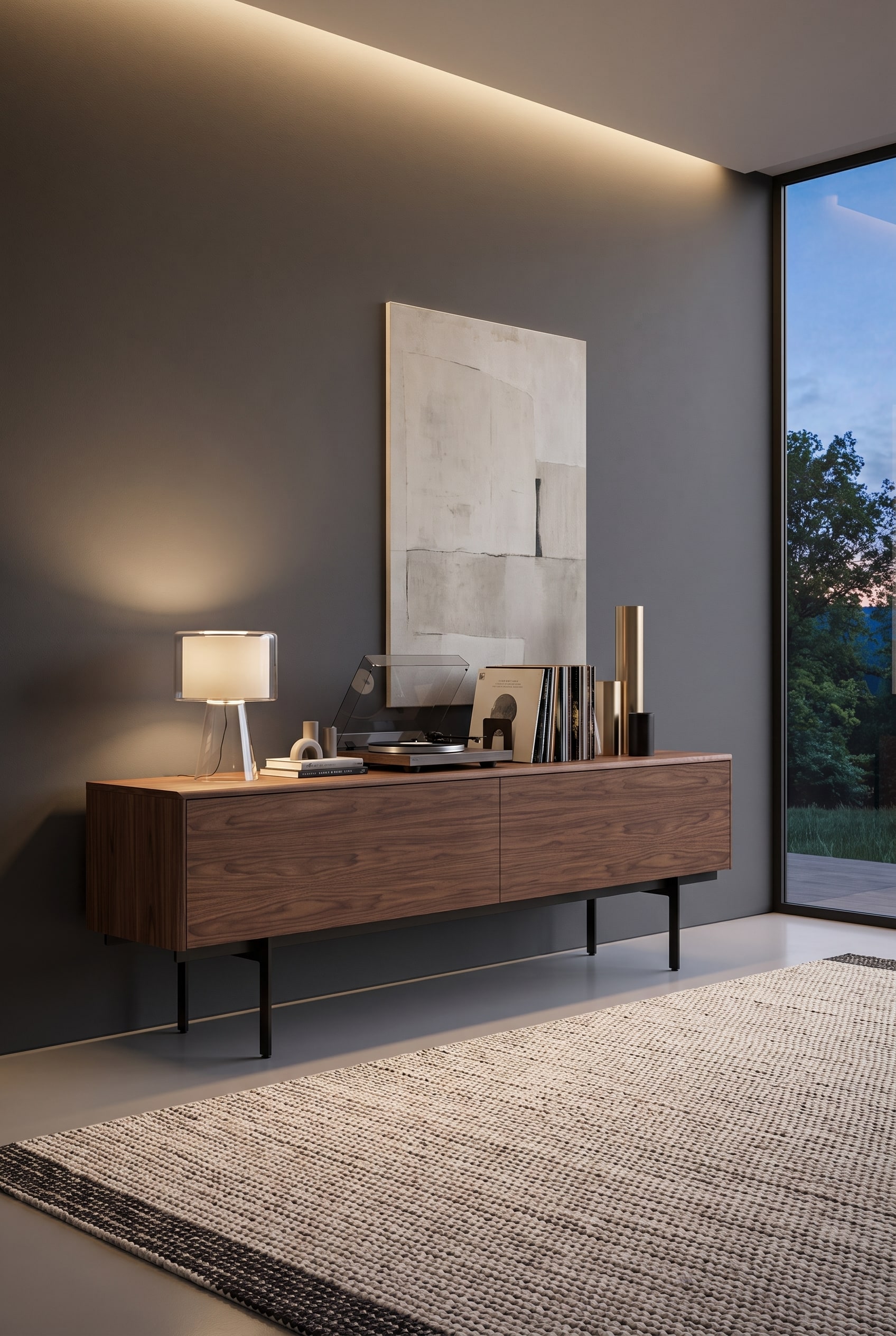 Élégant buffet en noyer avec un veinage de bois marqué, placé devant un mur uni et sombre, décoré d'accessoires en pierre naturelle et verre fumé