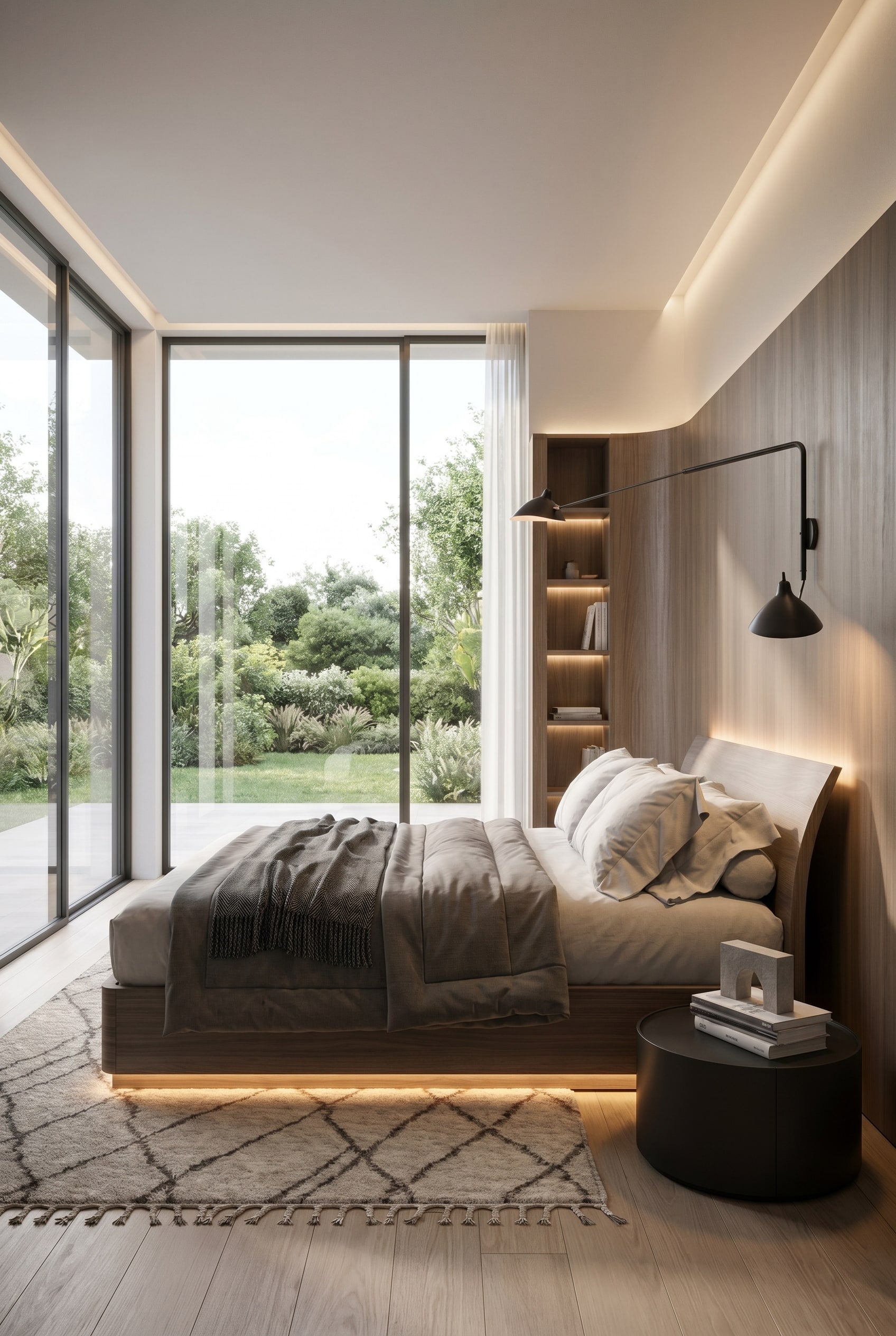 Chambre confortable avec le lit en bois Bend avec tête de lit incurvée et lumière douce en dégradé