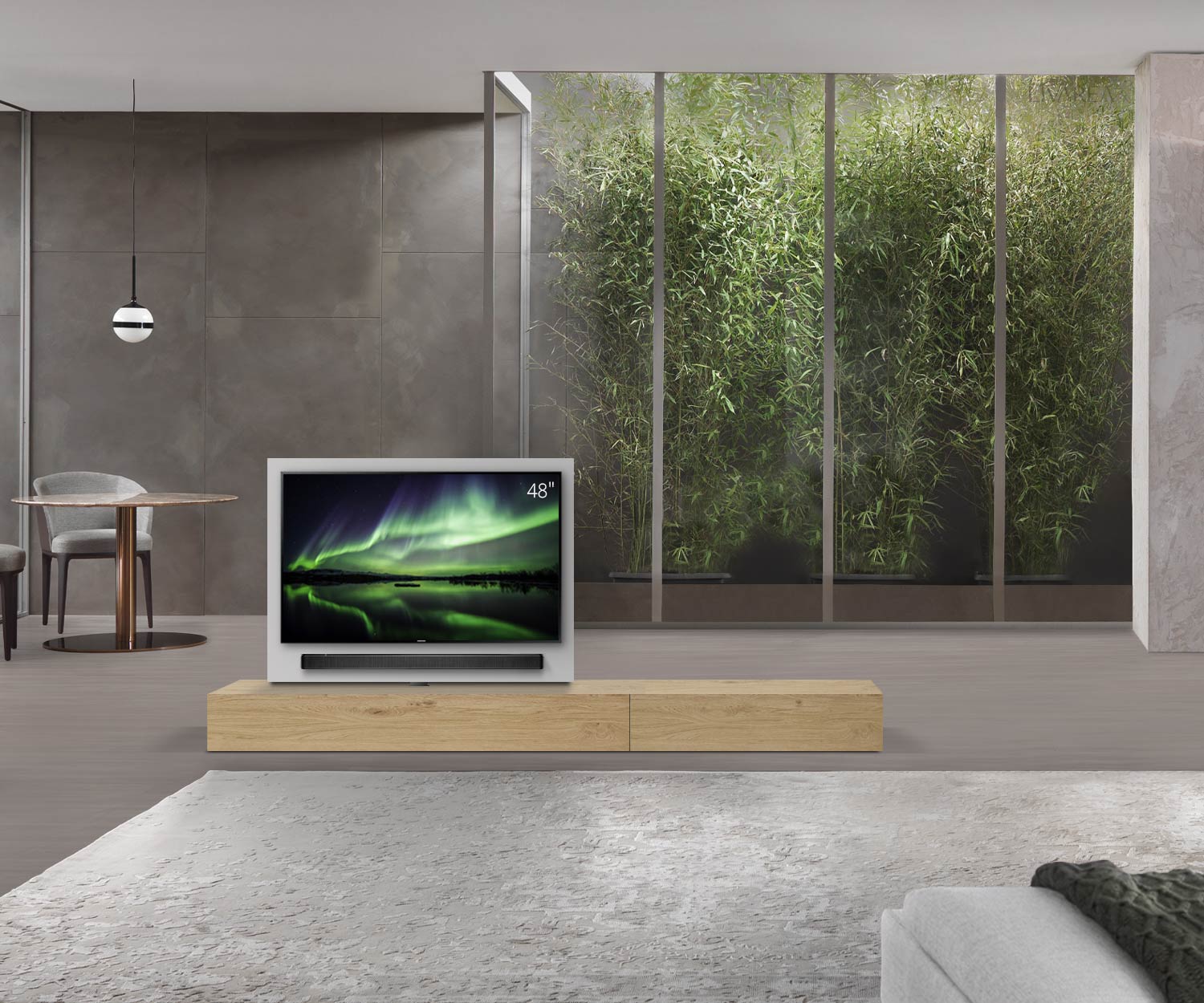 Livitalia Roto design lowboard ruimteverdeler met draaibaar TV-paneel B150 50 H25 D47 EiHe B90re oBox Livitalia Roto design lowboard ruimteverdeler met draaibaar TV-paneel B150 50 H25 D47 EiHe B90re oBox