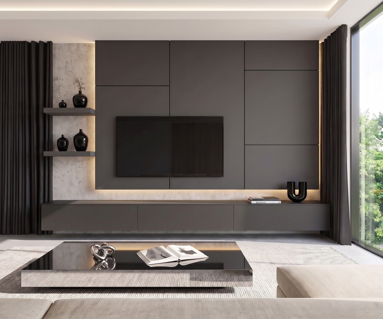 Livitalia C102 TV-wandmeubel met zwevend dressoir en tv-paneel. Modern donkergrijs mediamodel met sfeervolle LED-verlichting.