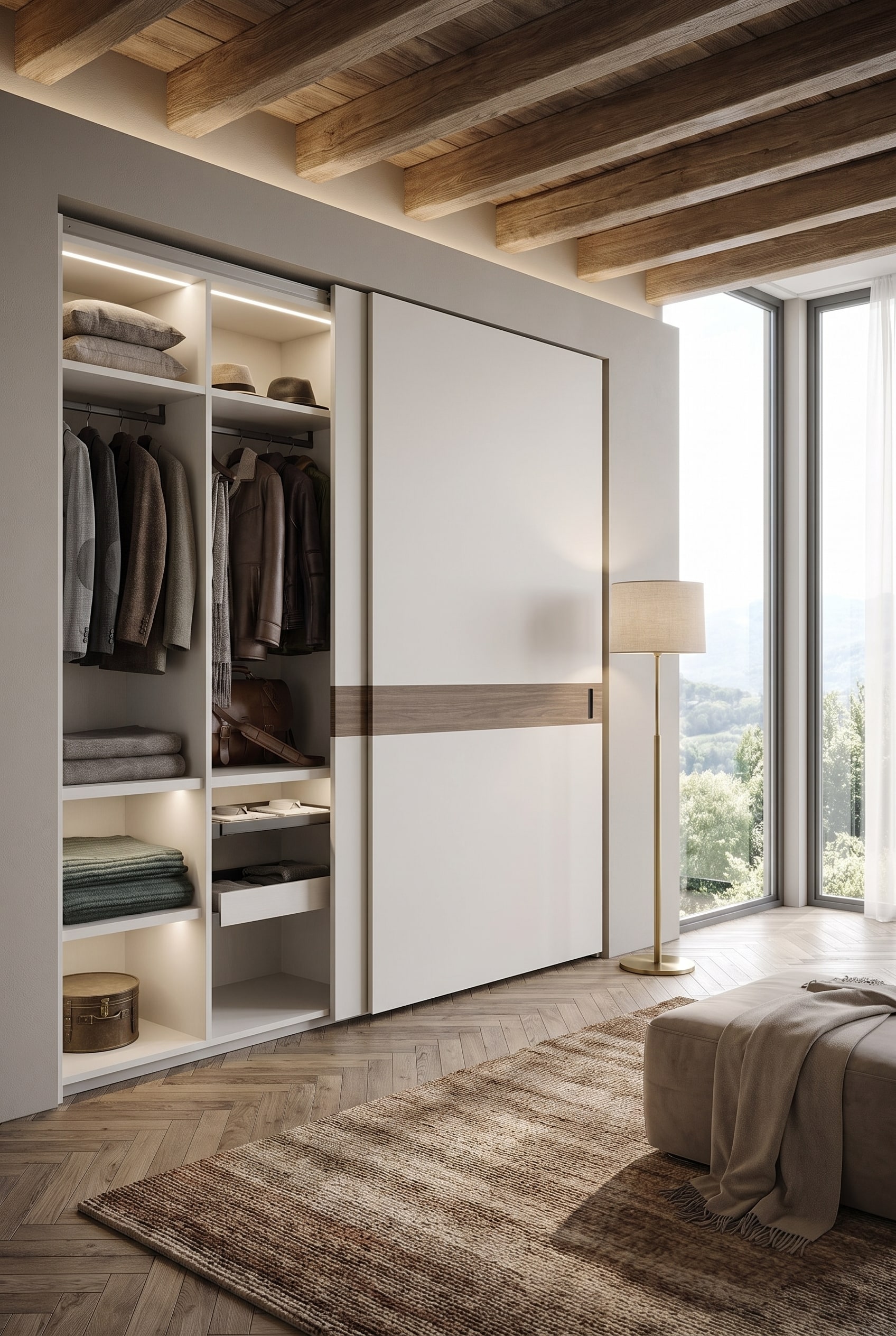 Schlankes Ankleidezimmer mit einem deckenhohen Kleiderschrank mit grifflosen Schiebet&uuml;ren in mattem Wei&szlig; und einem dezent strukturierten Holzboden