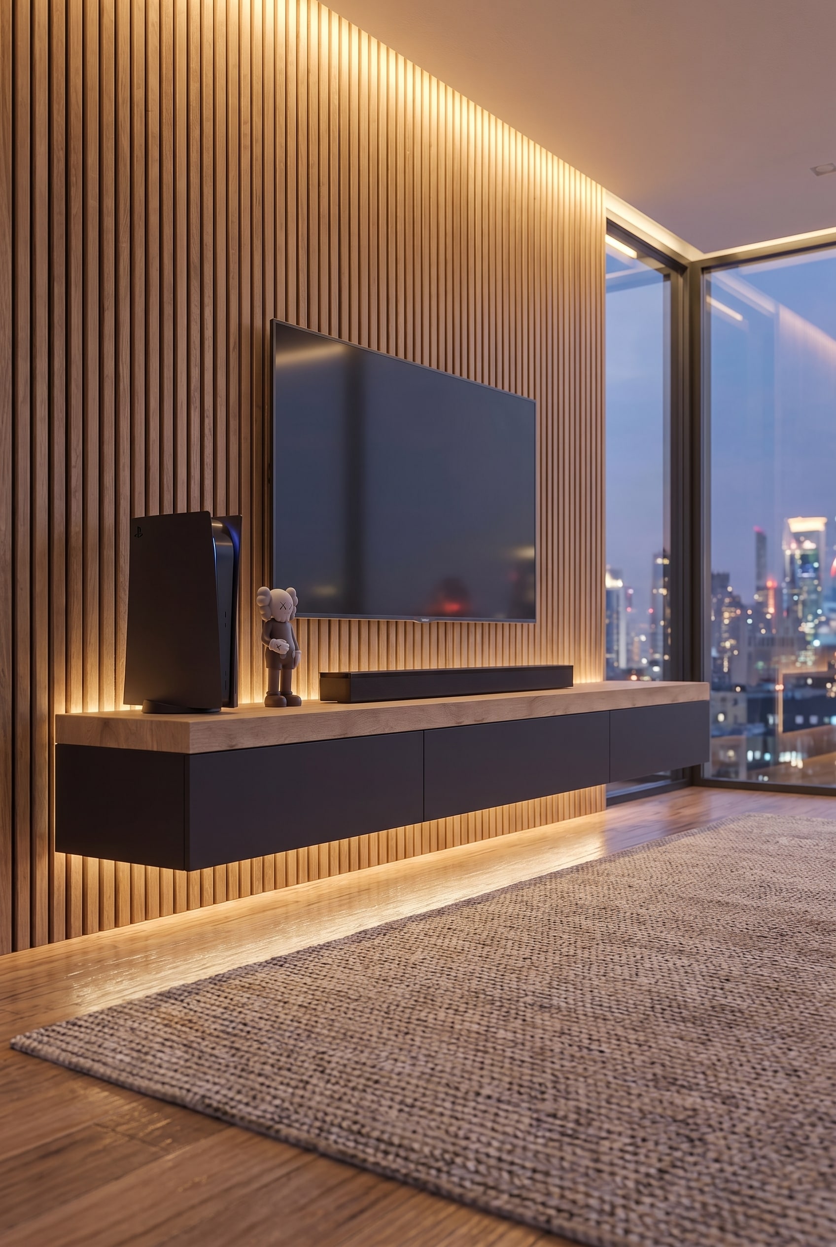 Un large lowboard avec un plateau épais se dresse devant un mur TV éclairé indirectement par des panneaux acoustiques et assure un ancrage visuel