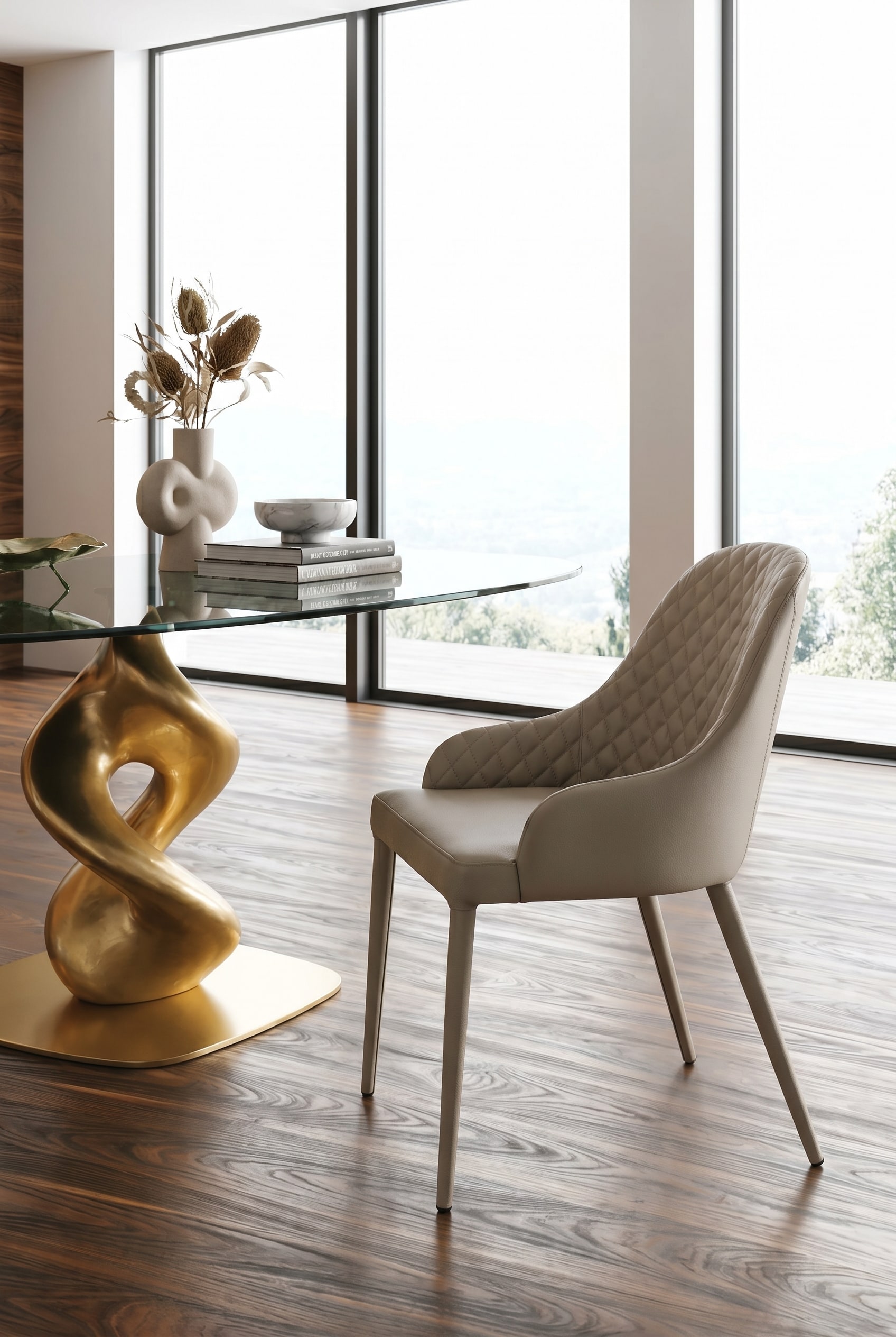 Salle à manger italienne avec chaise Ozzio Betta en cuir beige matelassé à motifs losanges, table en verre sur parquet chaleureux