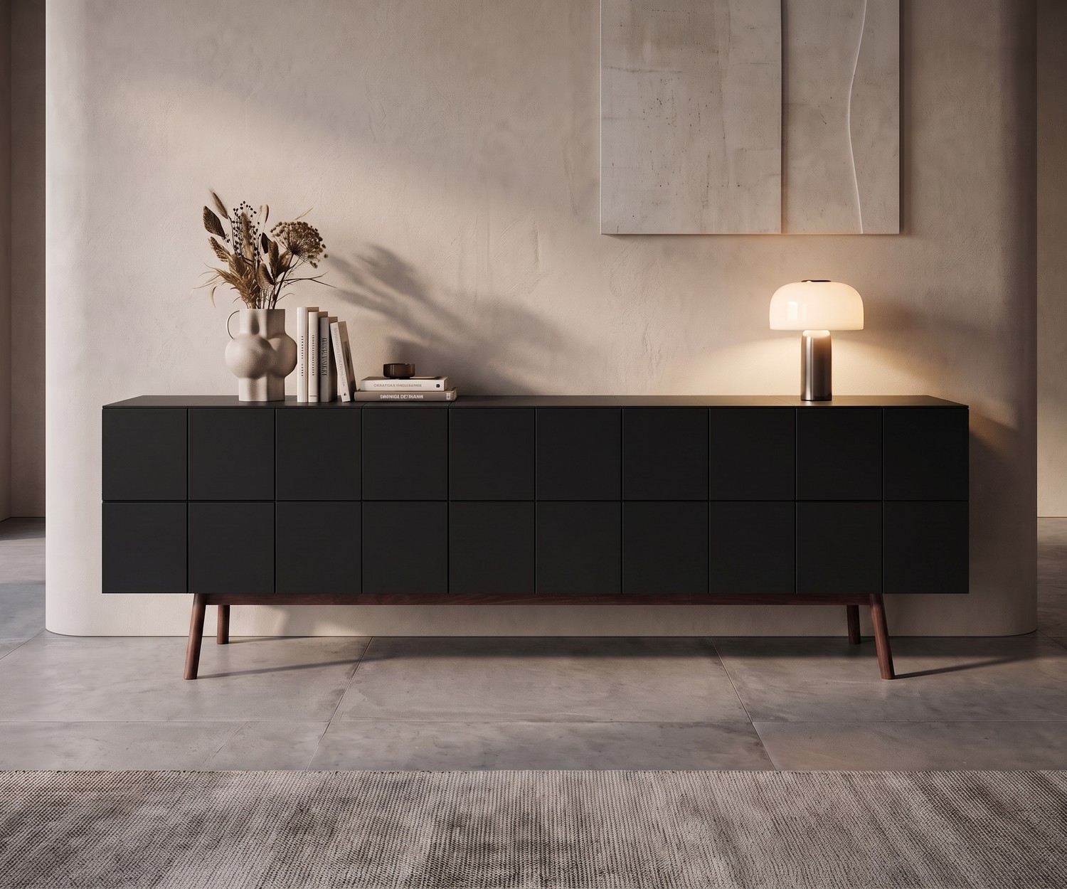 Buffet design al2 MOS-I-KO 003 B noir mat Buffet design al2 MOS-I-KO 003 B pour le salon, en noir mat avec pieds en bois massif dans un intérieur minimaliste.
