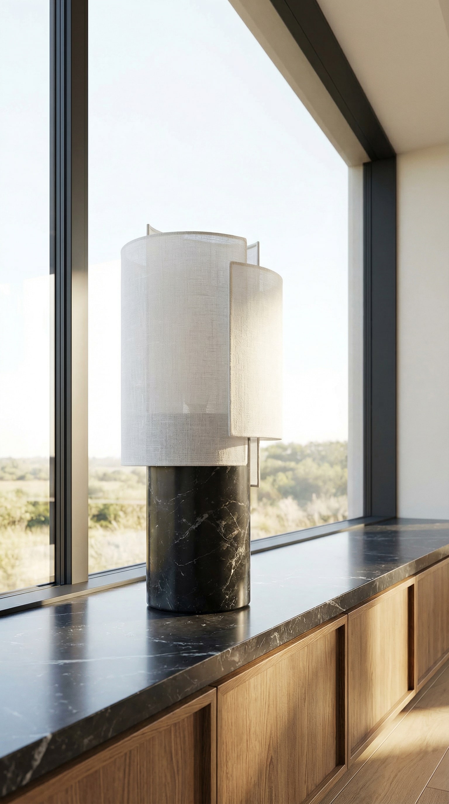 Lampe Punt Rio avec pied en marbre et abat-jour en lin sur un rebord de fen&ecirc;tre.