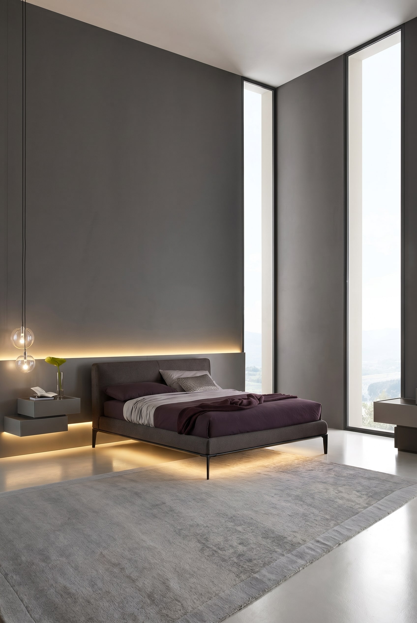 Chambre moderne gris foncé avec le lit Dorian et des tables de chevet flottantes, soulignées par une bande lumineuse continue