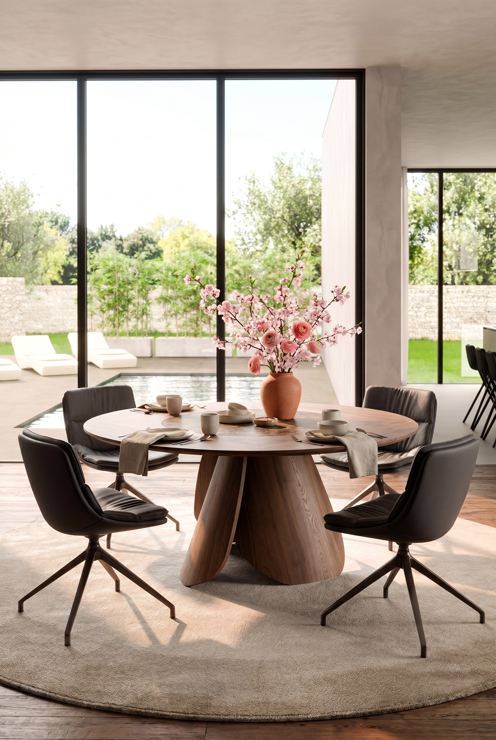 Table &agrave; manger ronde design avec des pieds en bois courb&eacute;s et distinctifs, orn&eacute;e de d&eacute;licates fleurs de printemps roses sans nappe