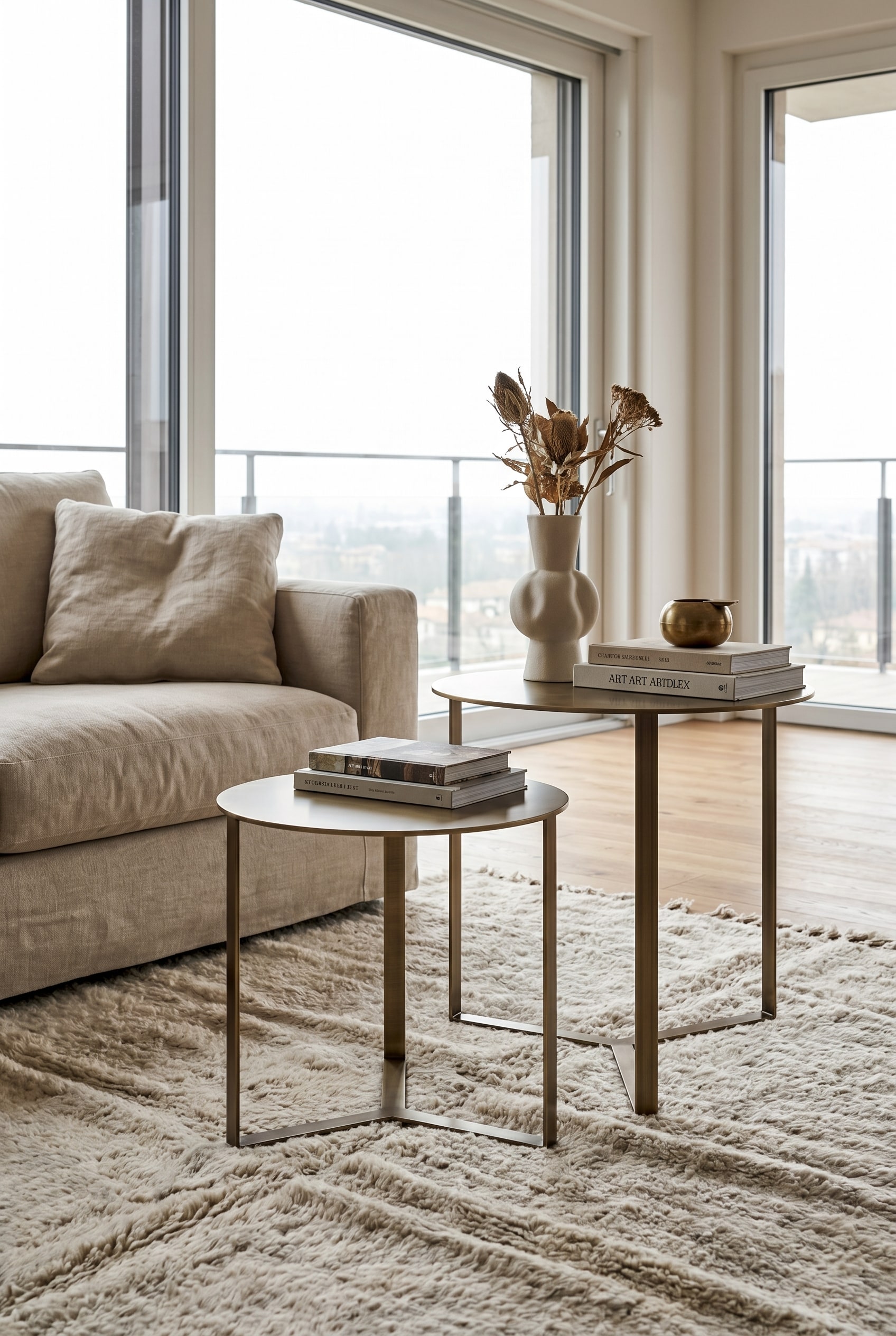Coin salon confortable avec deux tables d'appoint rondes en métal de différentes hauteurs devant un canapé en tissu doux