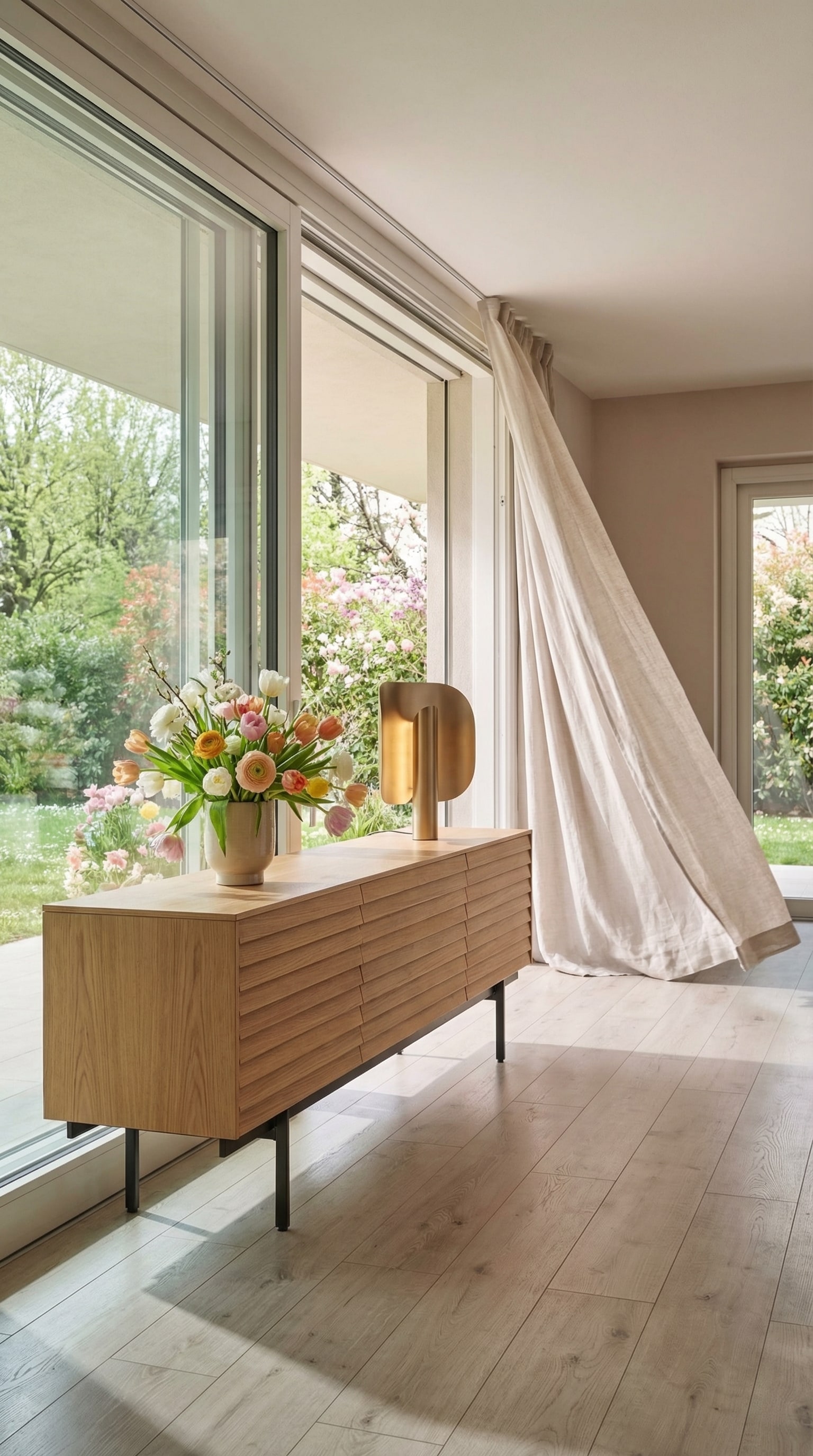Salon &eacute;l&eacute;gant avec un sideboard &agrave; lamelles de bois, baign&eacute; de lumi&egrave;re solaire.